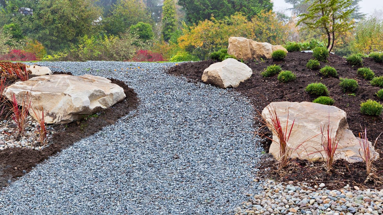 A gravel path and boulders on a landscaped garden