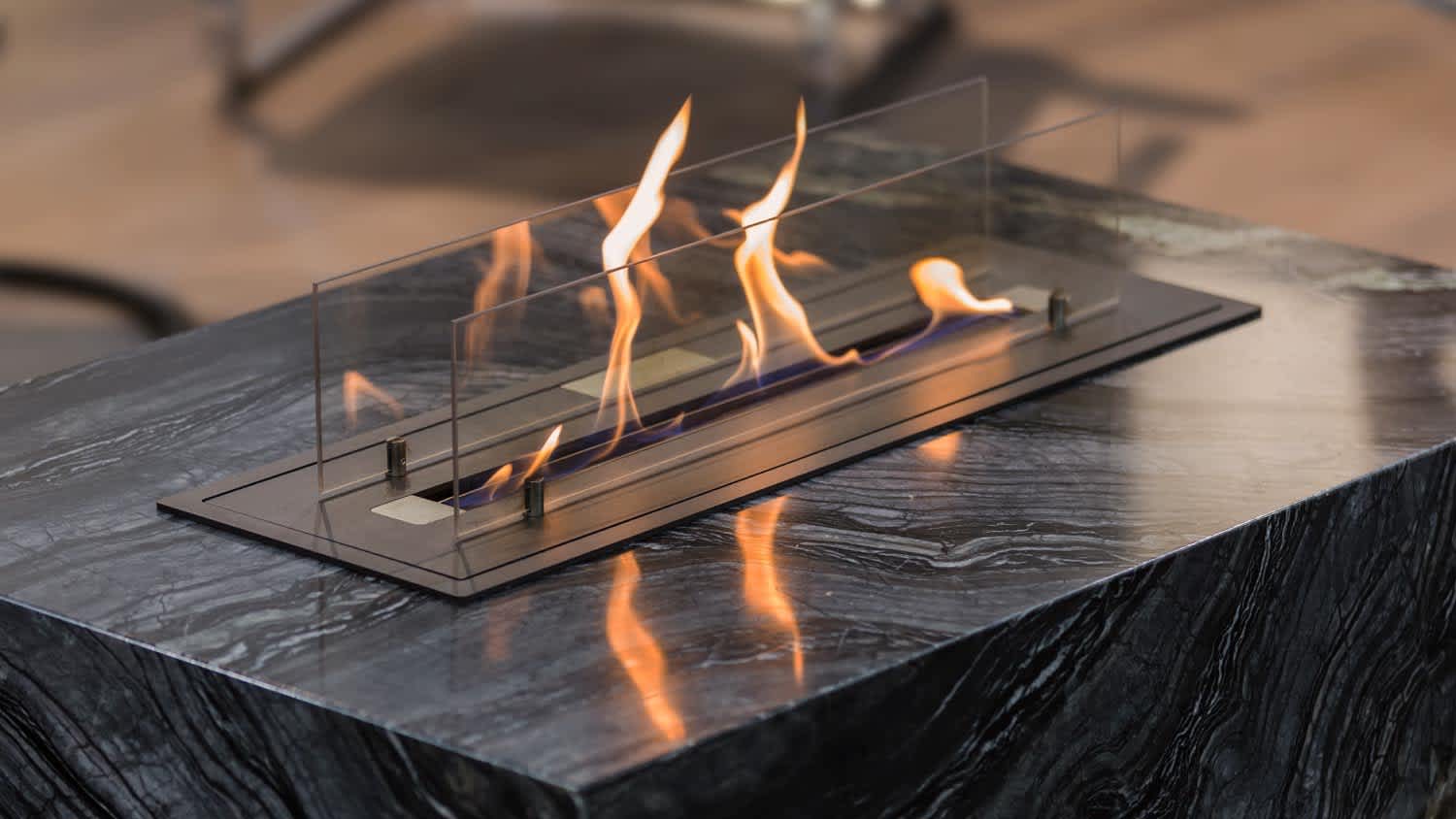 A marble black floor fireplace