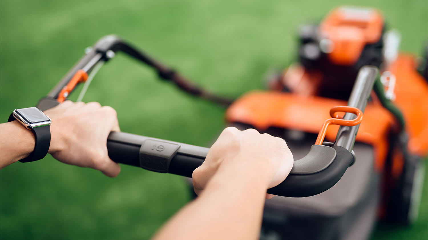A closeup of a lawn mower