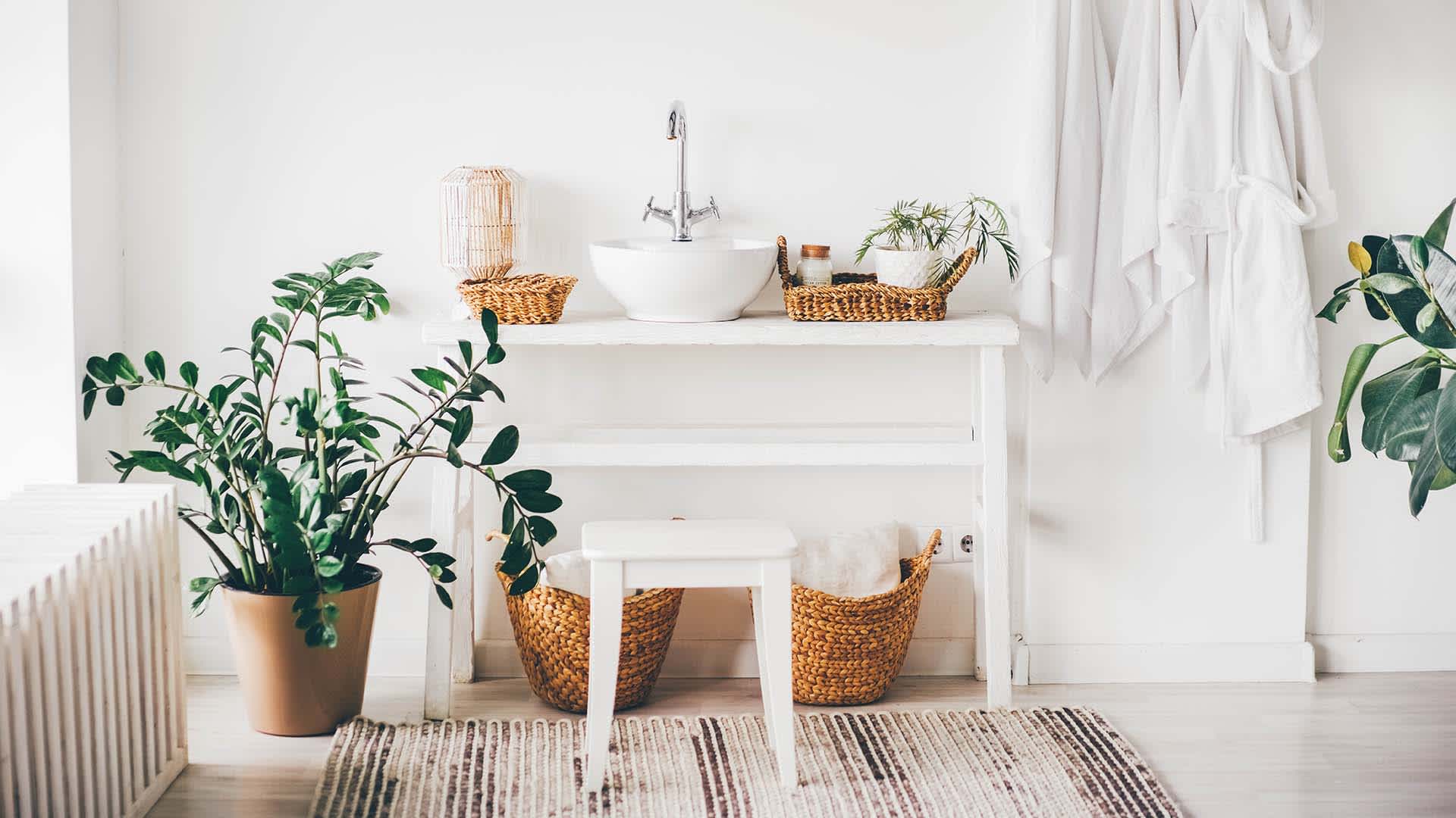 bathroom with woven basket decor