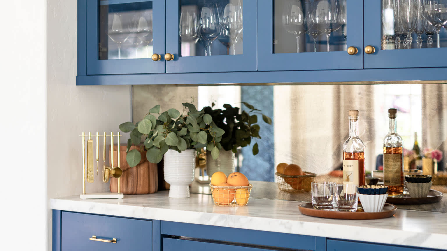 kitchen bar with blue cabinets