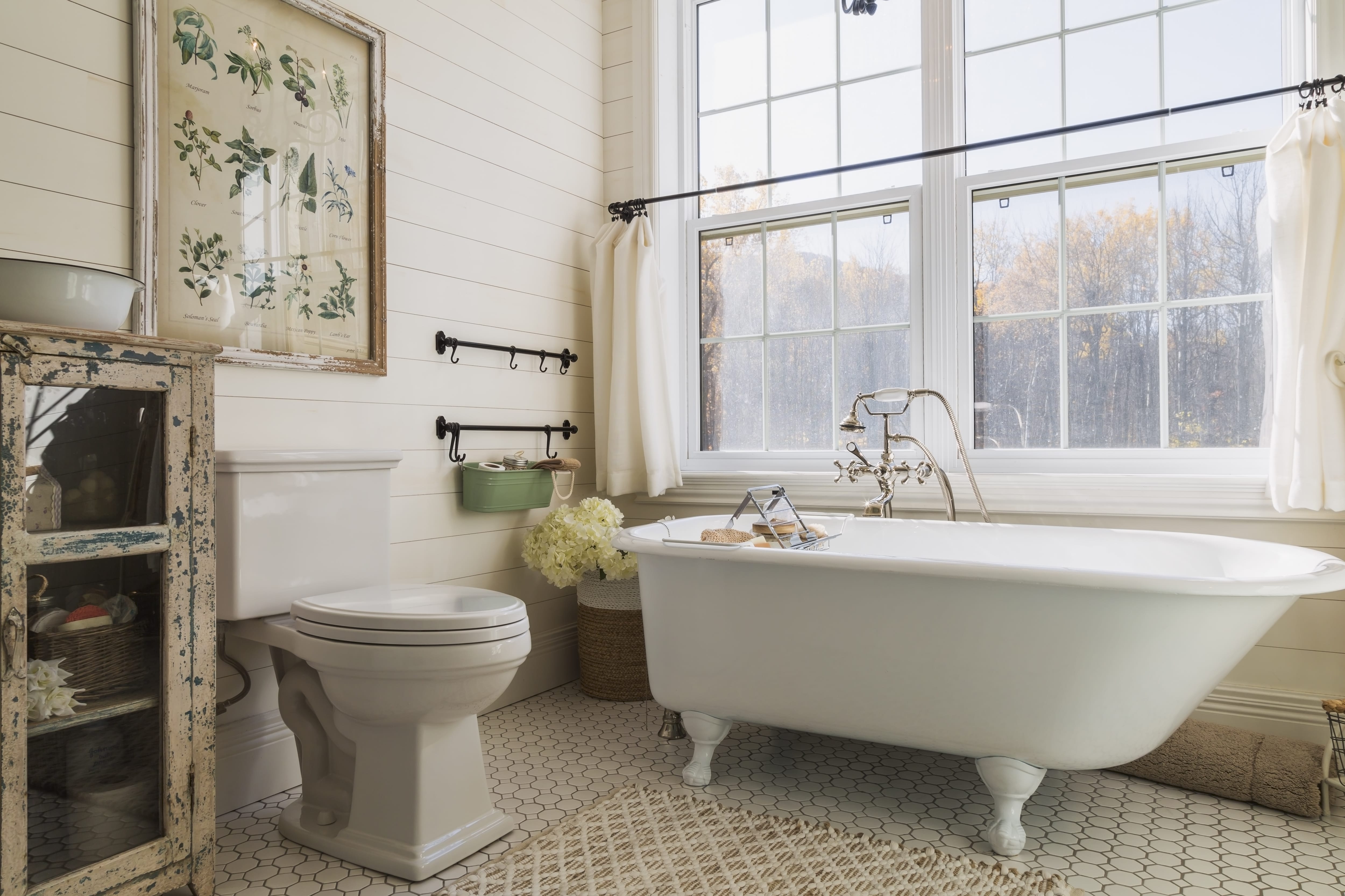 A bathroom with an antique shelf