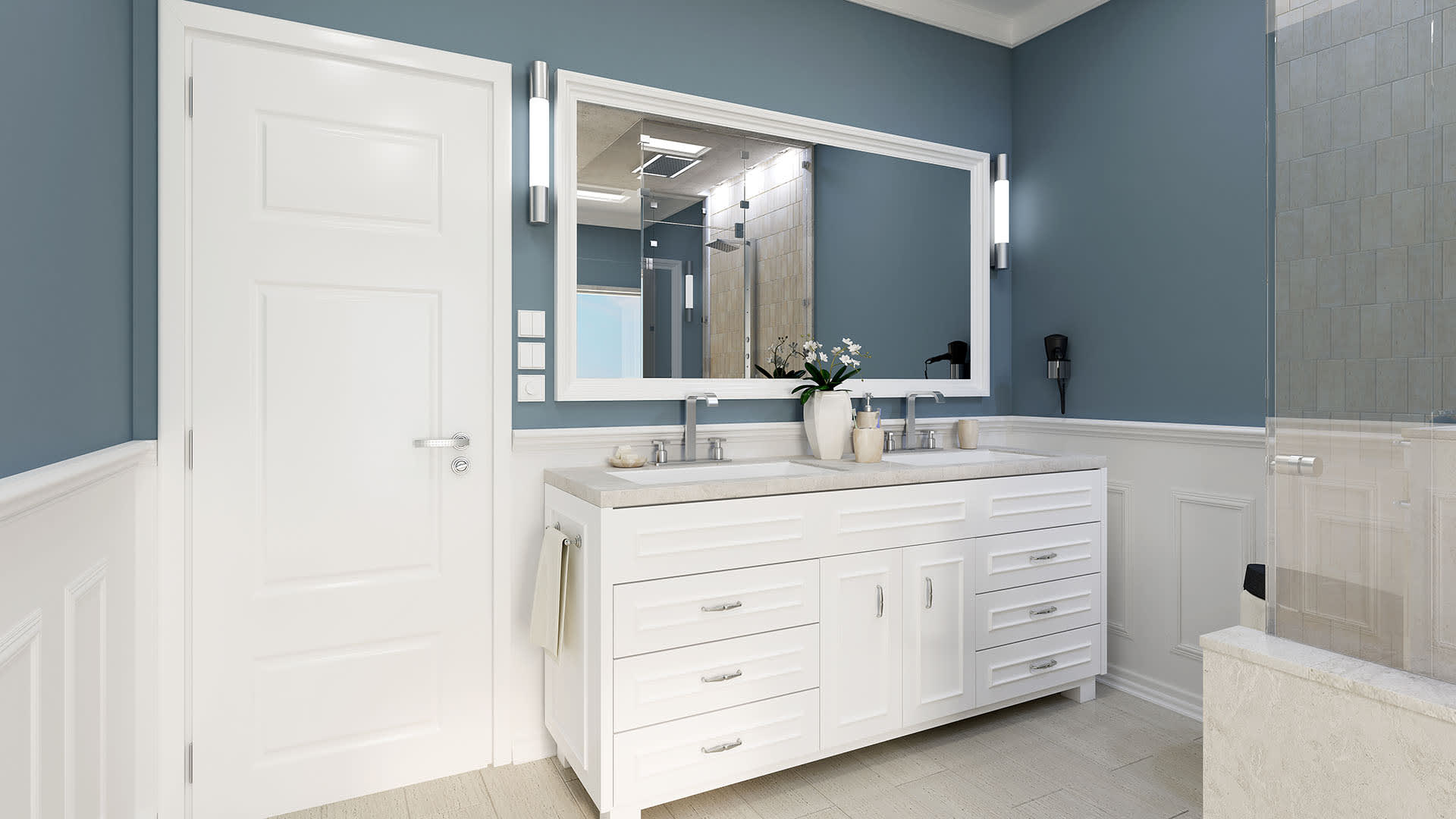 blue bathroom with white wainscoting