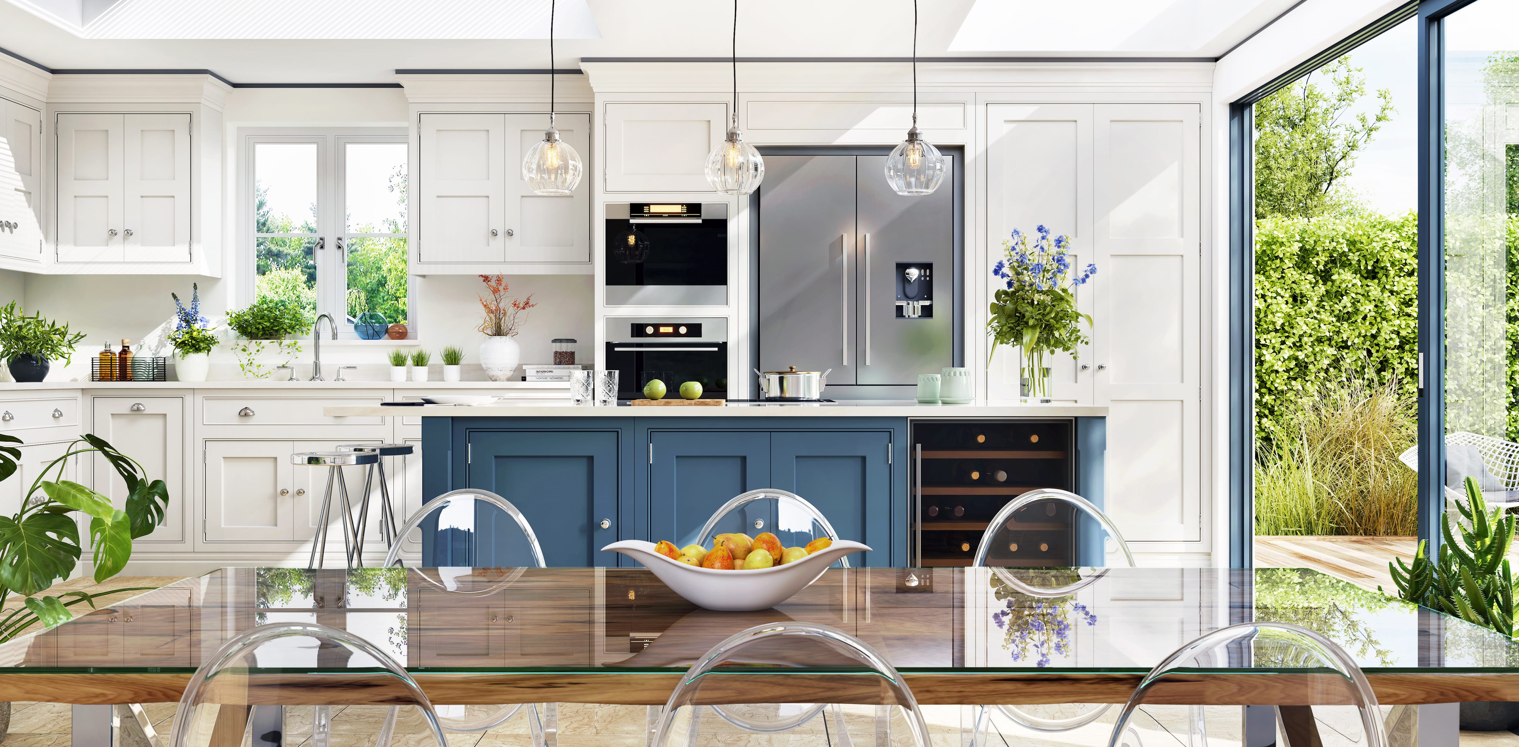 Blue island and white surrounding two-toned cabinets
