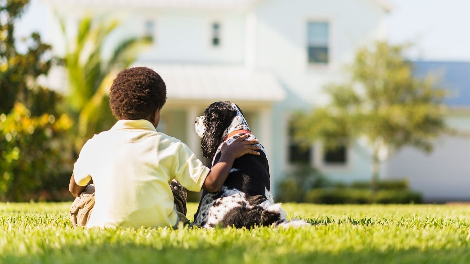 A boy and dog sit on grass