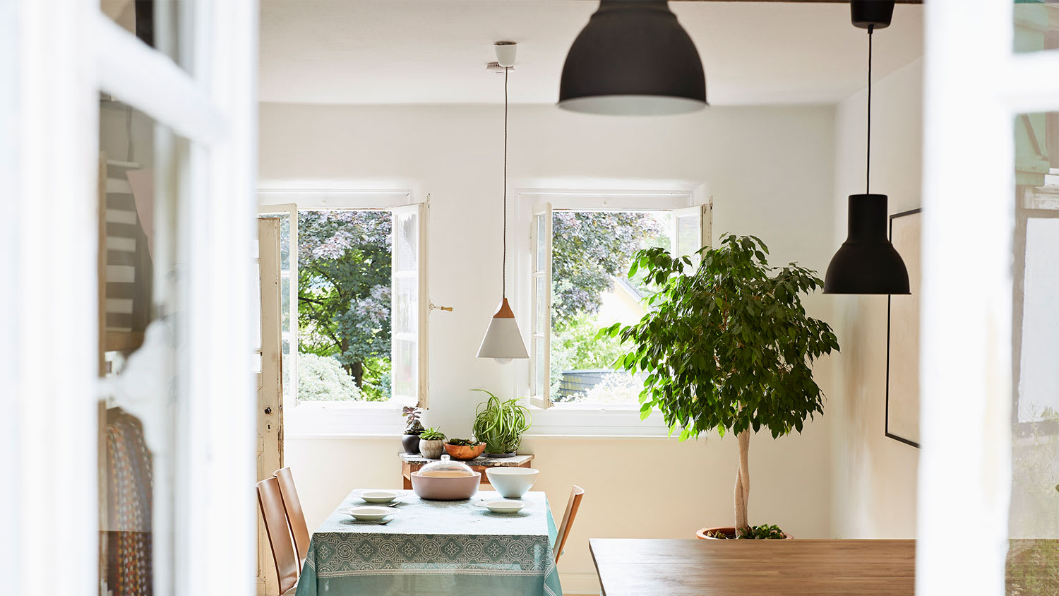 A home with pendant lights