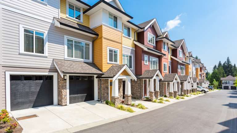 Row of colorful townhomes