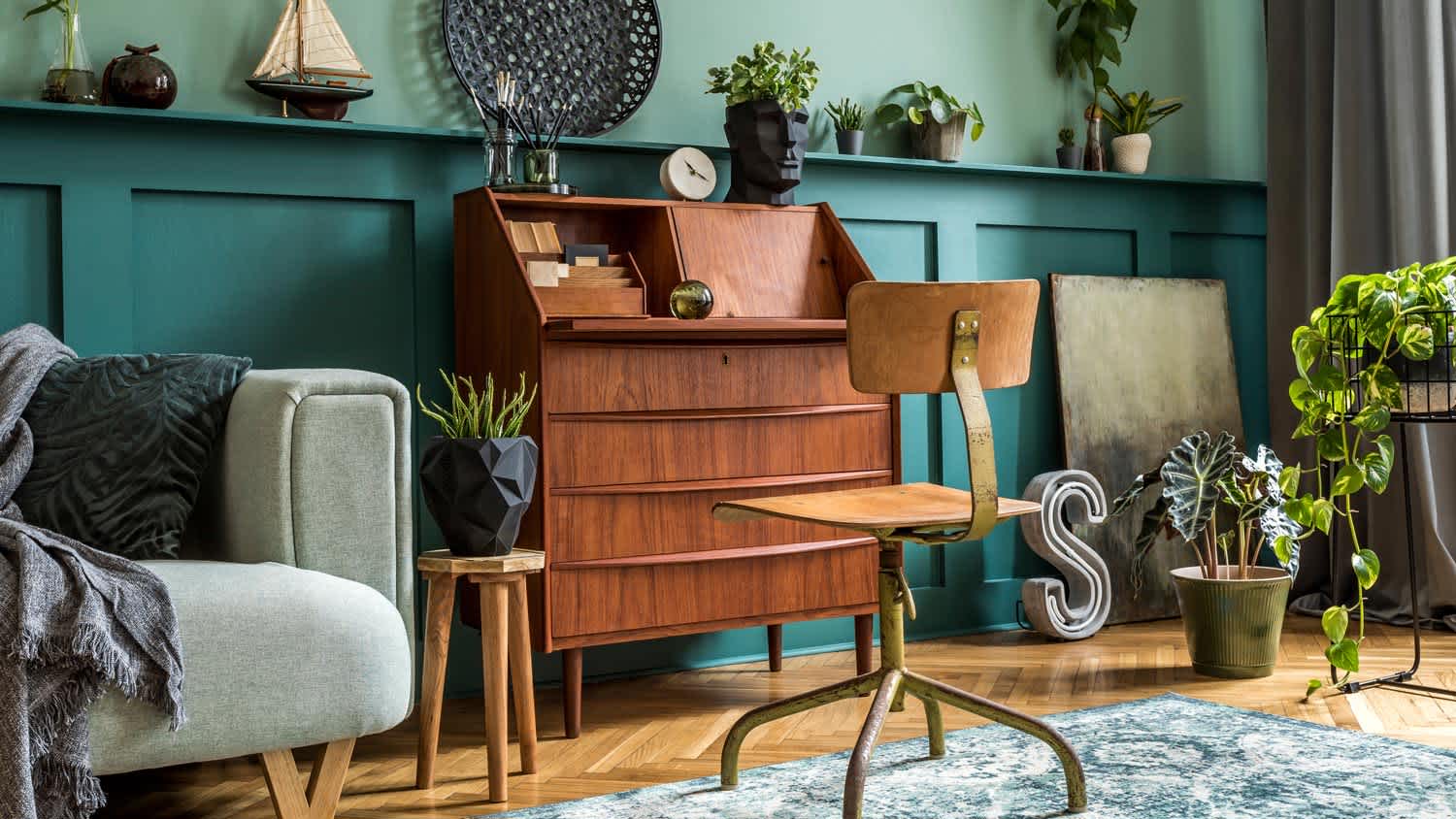 A home office with a modern retro concept