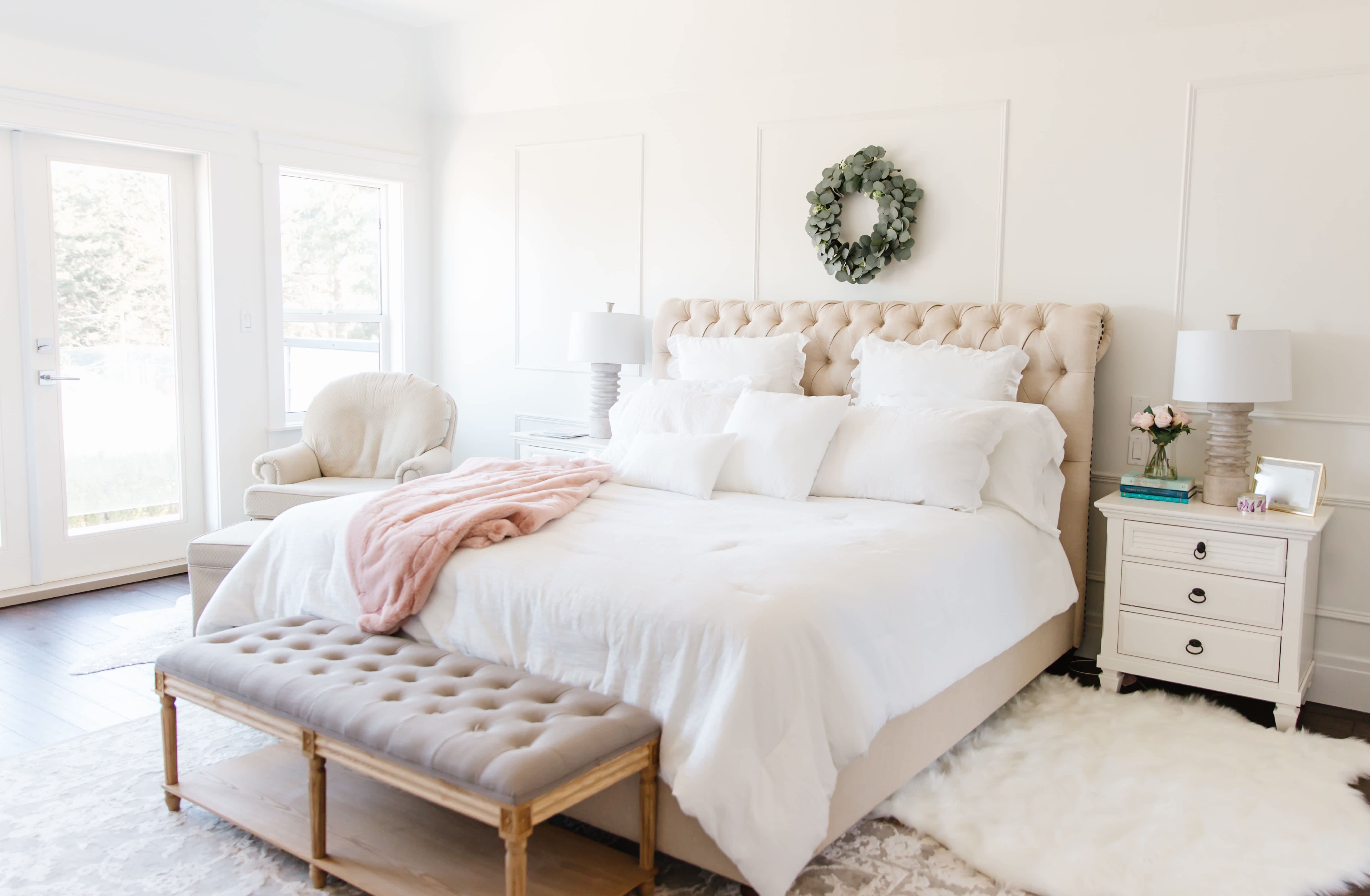 Neutral color scheme in farmhouse bedroom