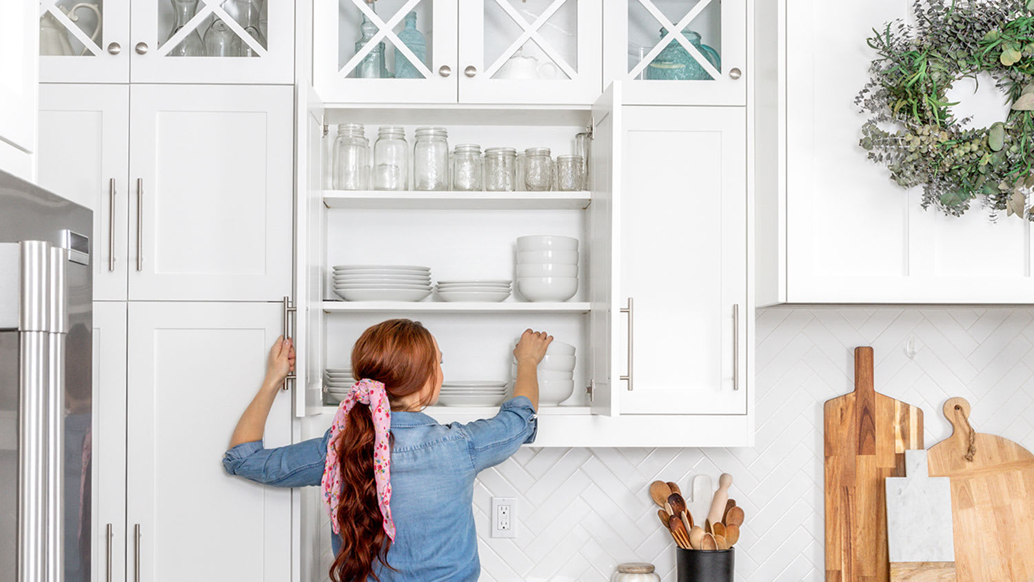 Kitchen with stacked cabinets