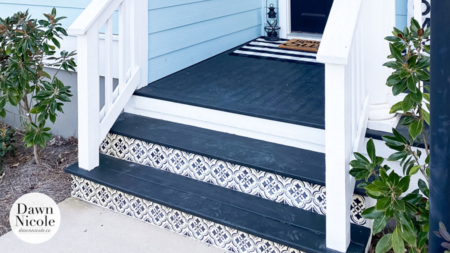 Faux tile stenciled stair risers