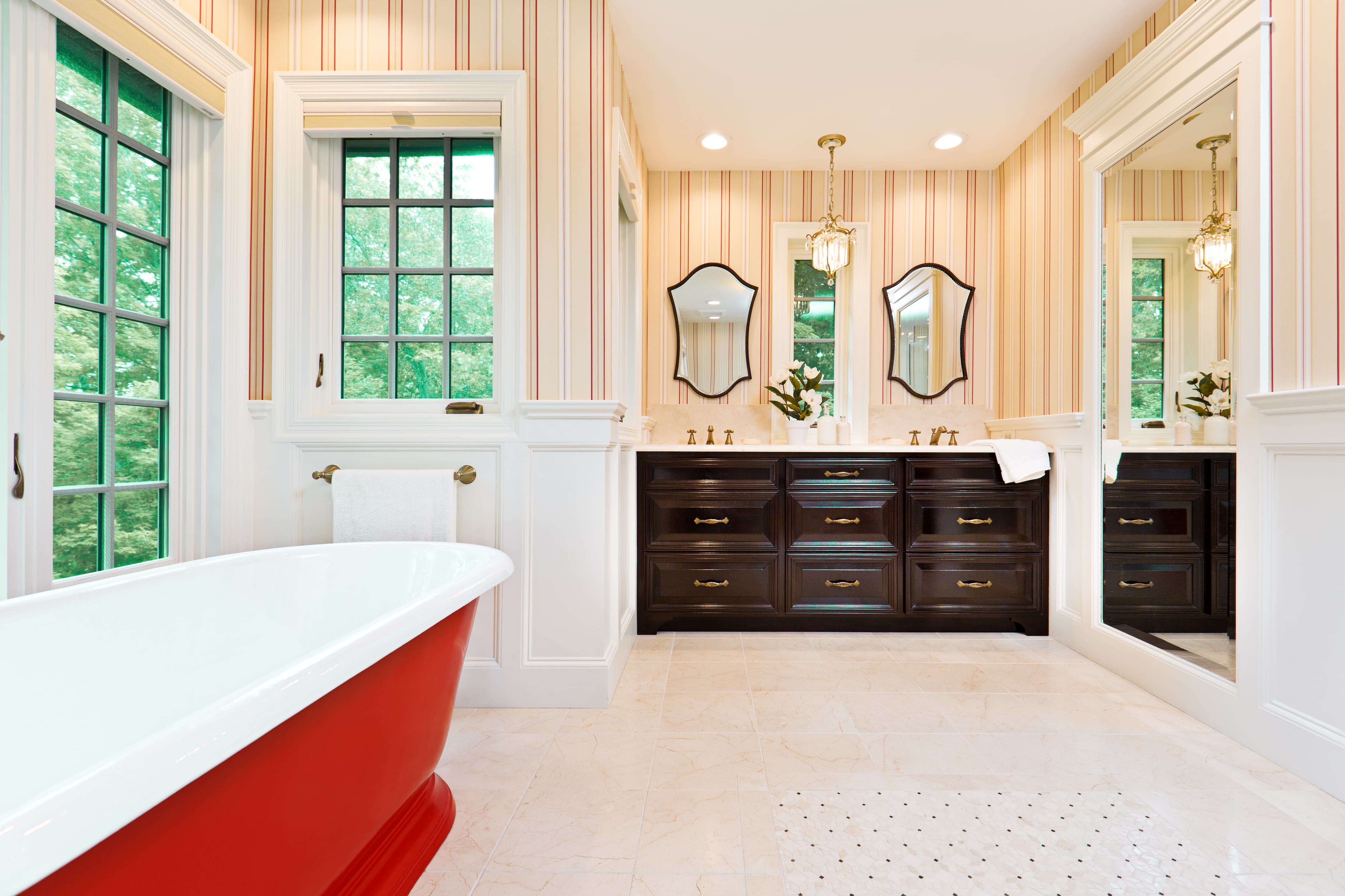 Large bathroom with full length mirror built into wall
