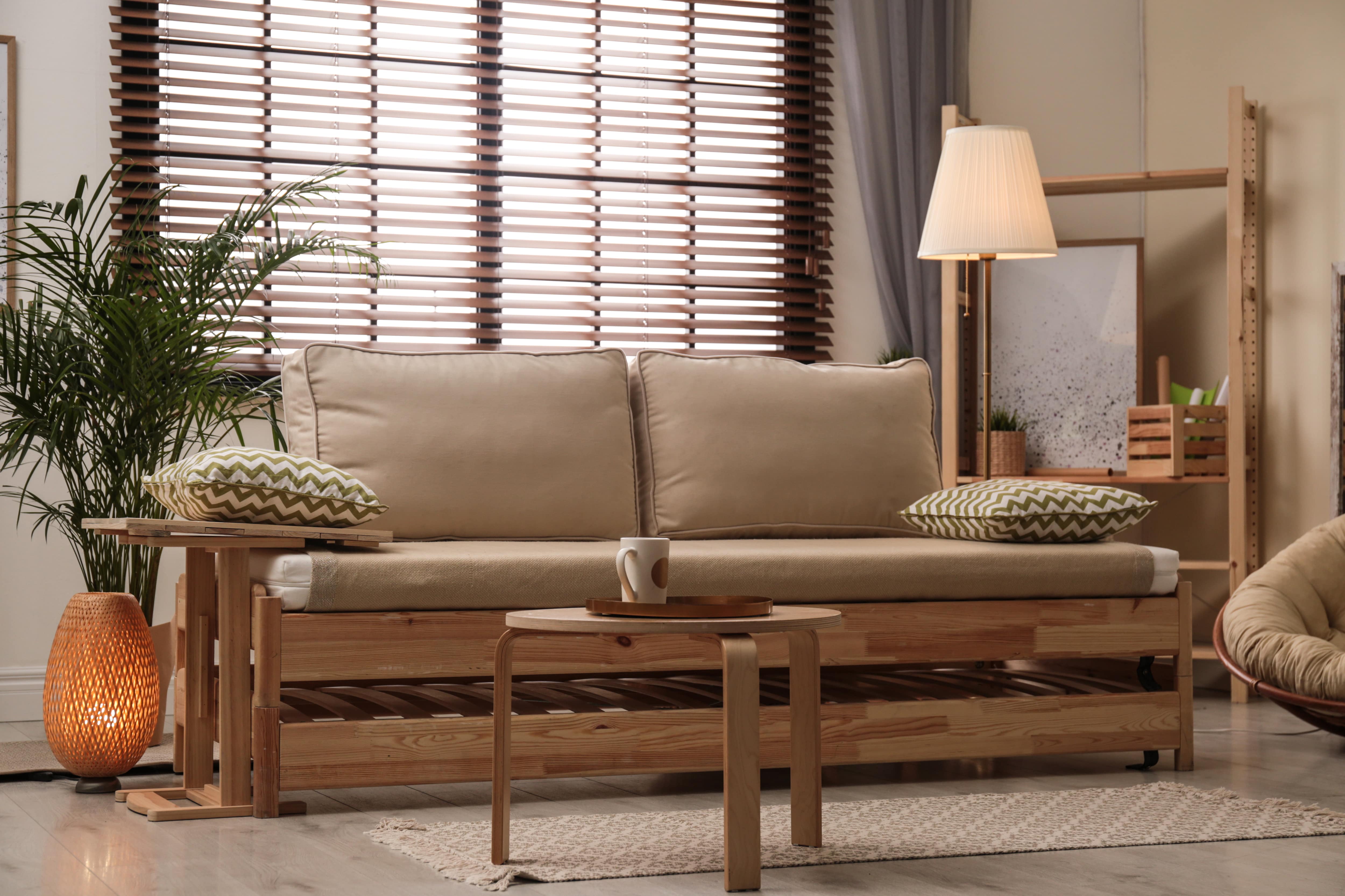 Wood blinds in living room