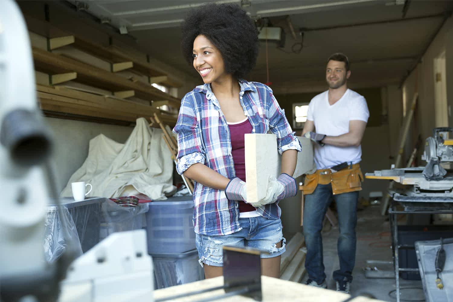 couple building in garage