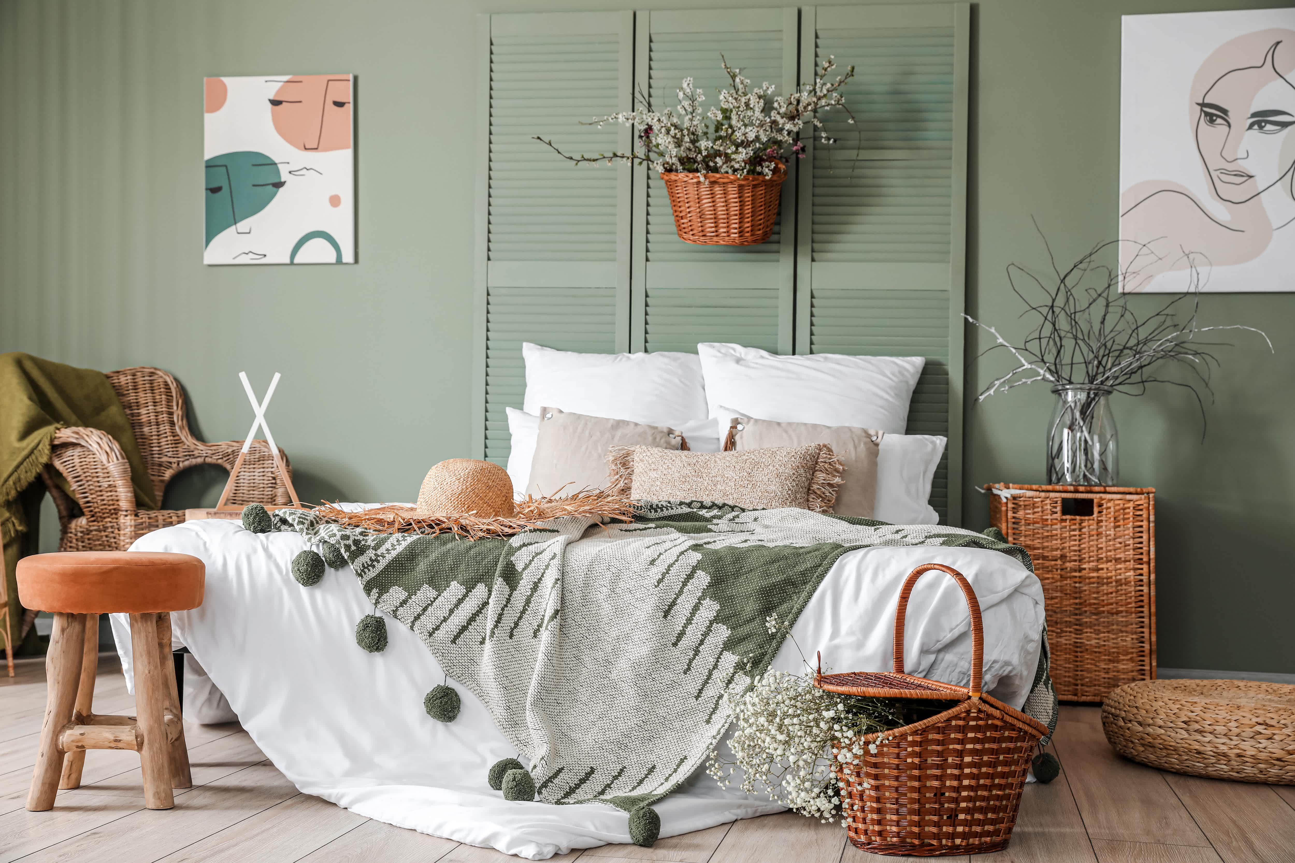 A bedroom with green walls and a headboard made from refurbished closet doors