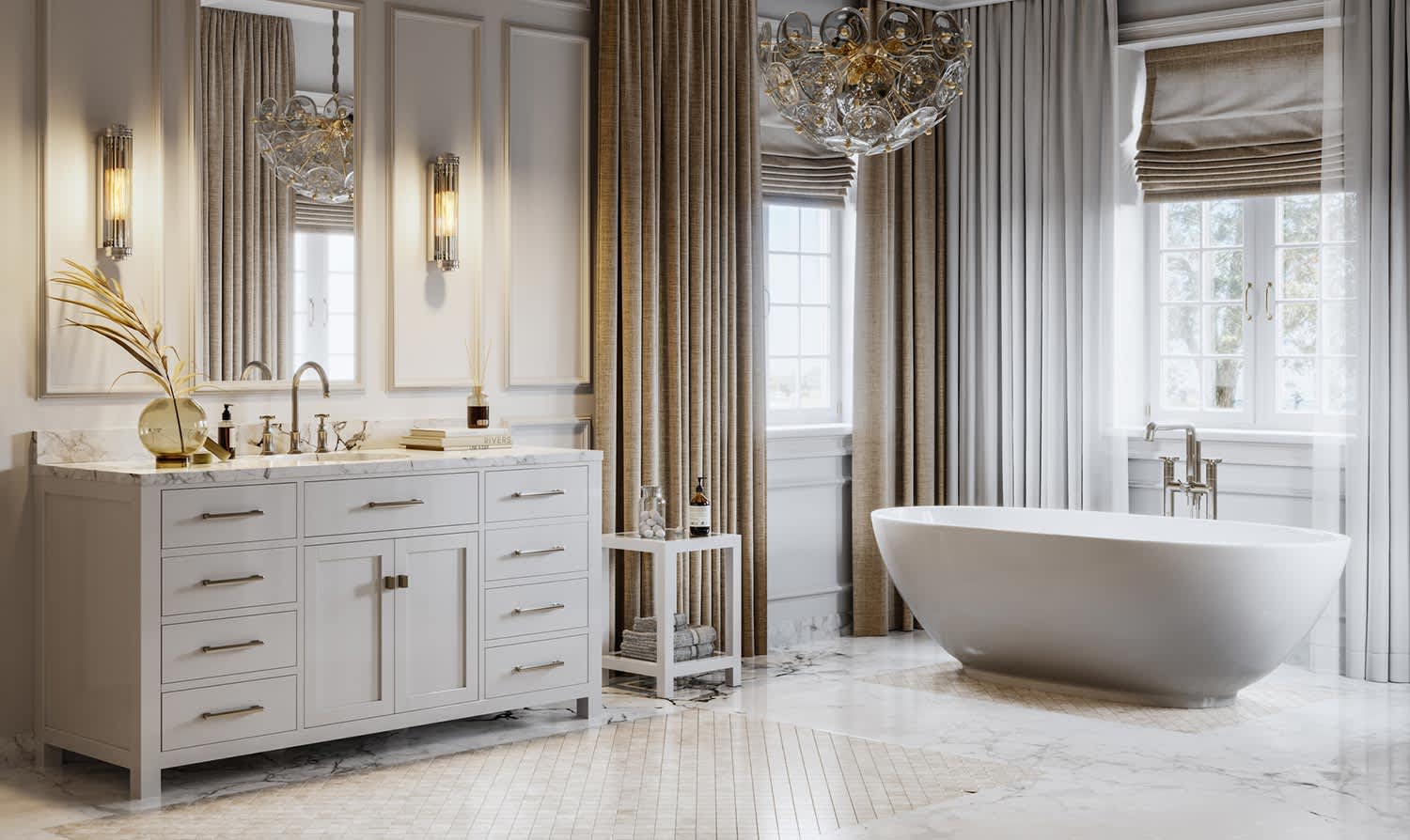 Large tile slab flooring in luxurious bathroom