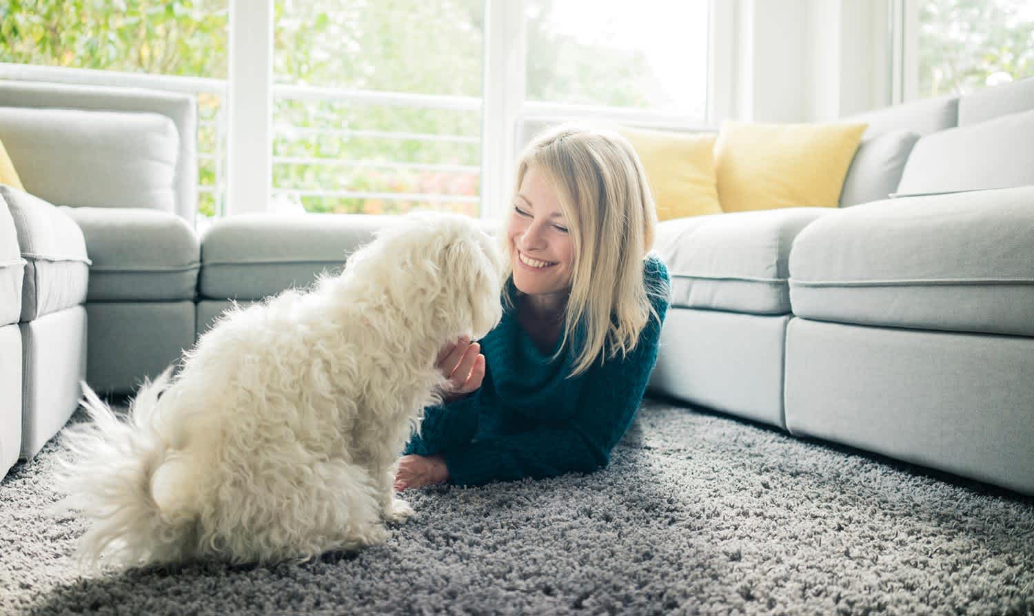 Smiling woman petting her dog in living room