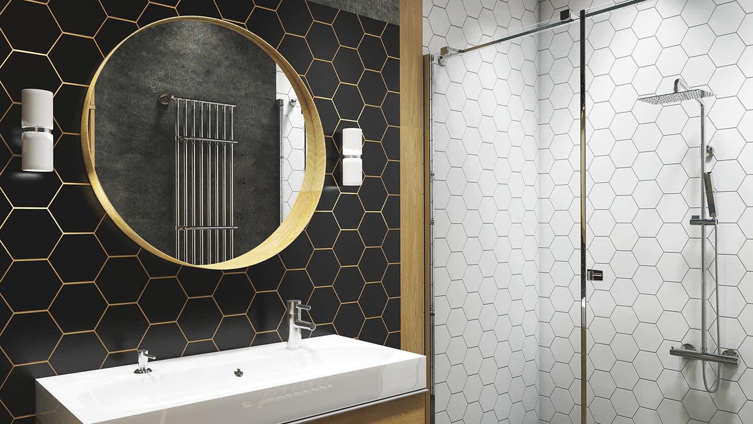Black and white geometric tile with gold grout
