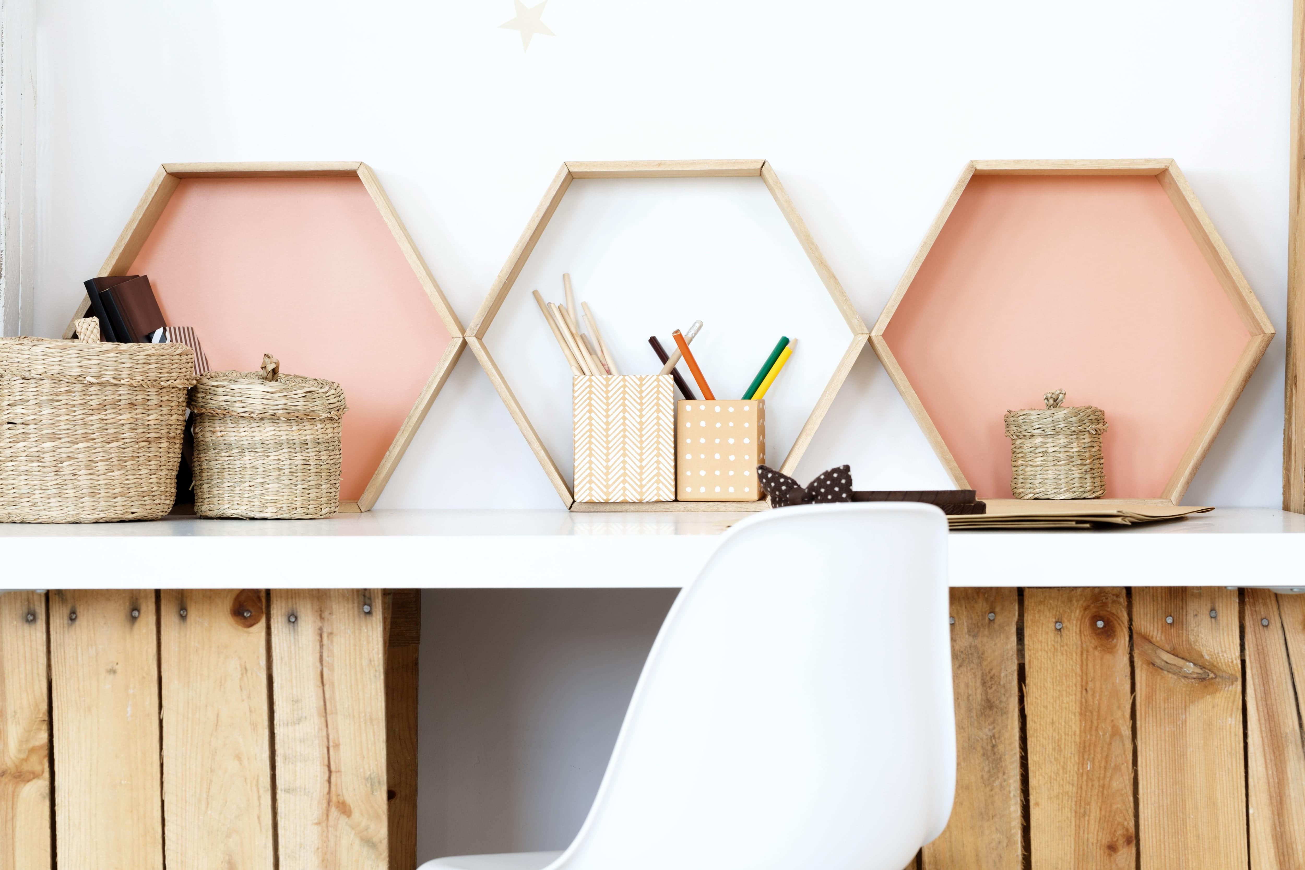 Hexagon shelves on home office desk