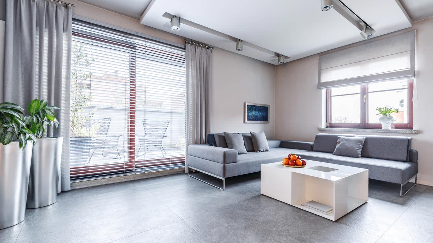 Drop ceiling in a gray living room