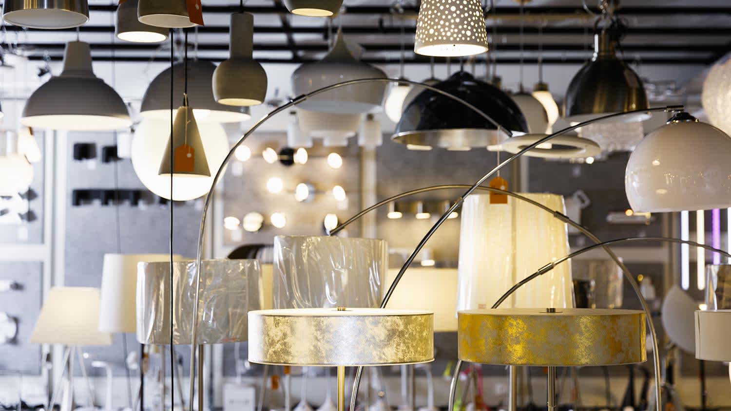 collection of different lamps in a store