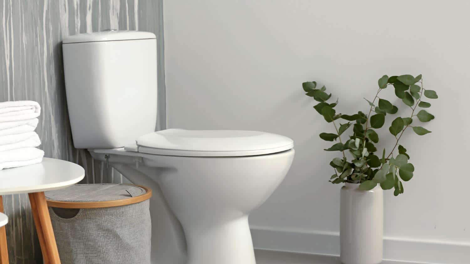 Modern interior of restroom with ceramic toilet bowl