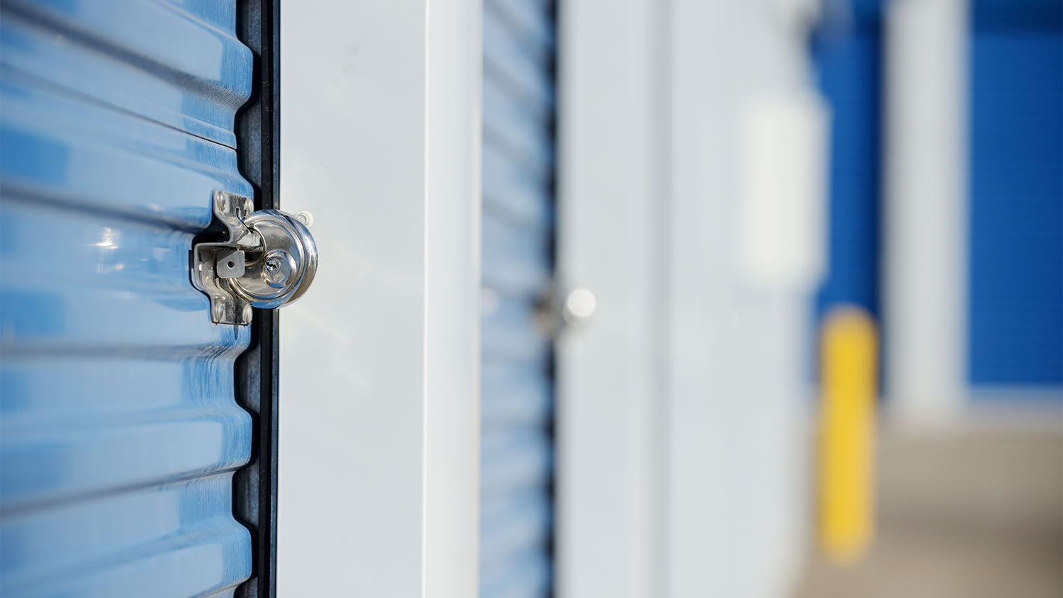 A closeup of a locked storage unit