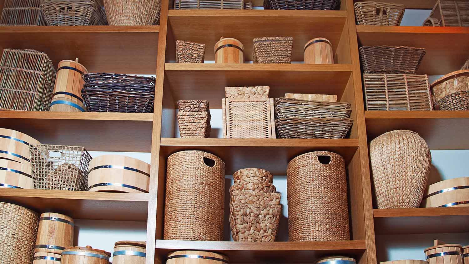 shelves full of wicker baskets