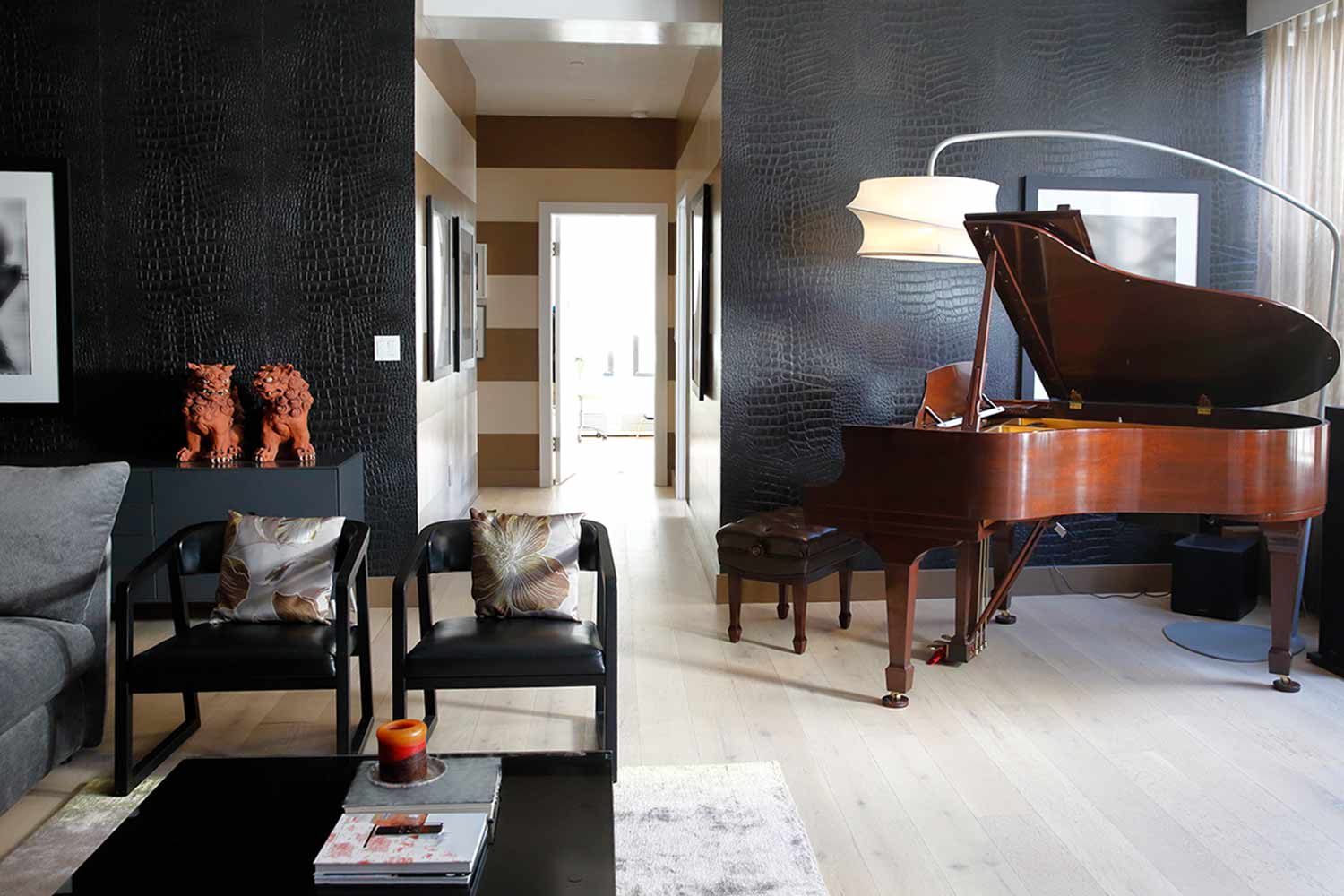brown piano in modern living room