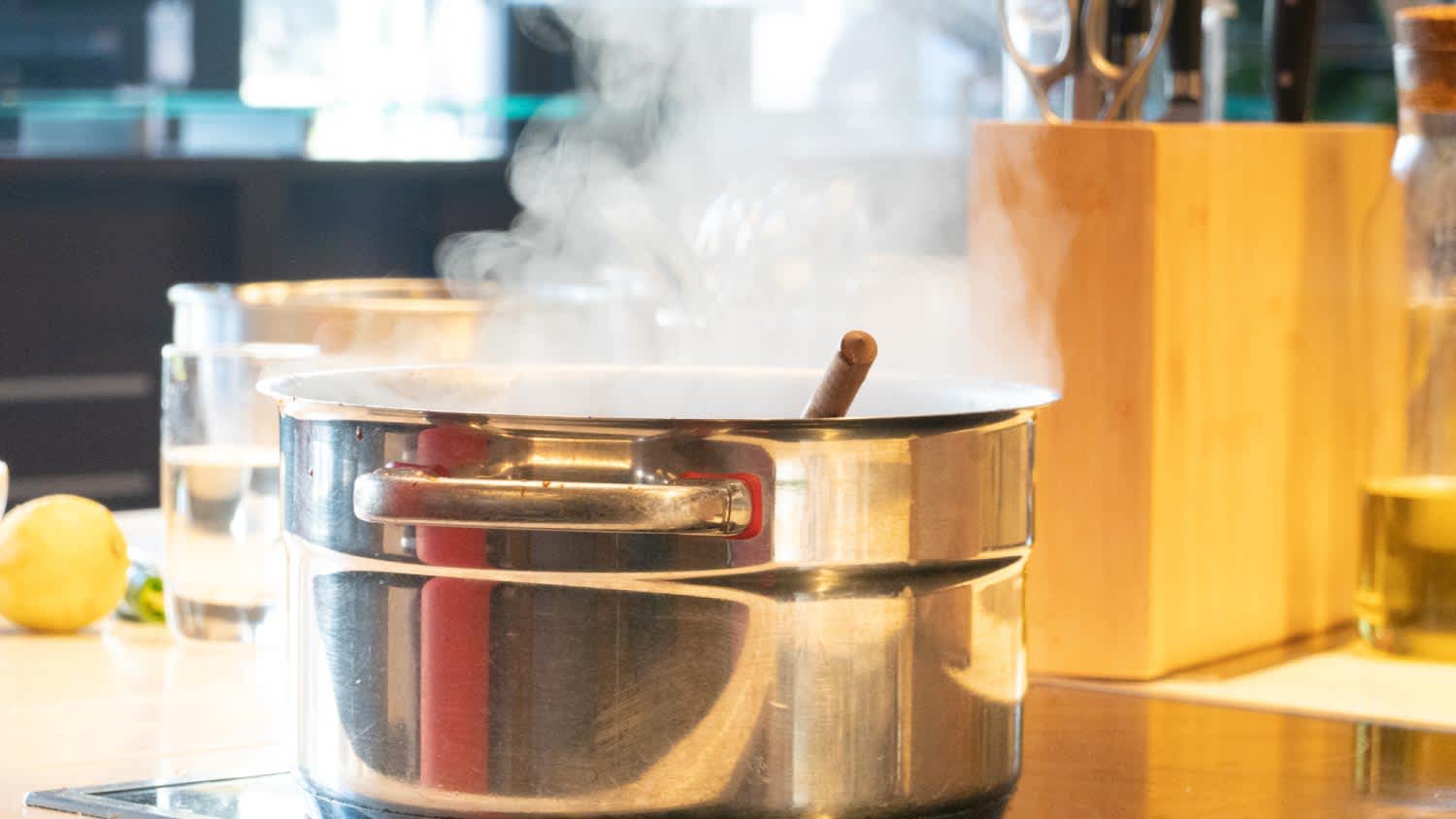 Steaming saucepan in the kitchen