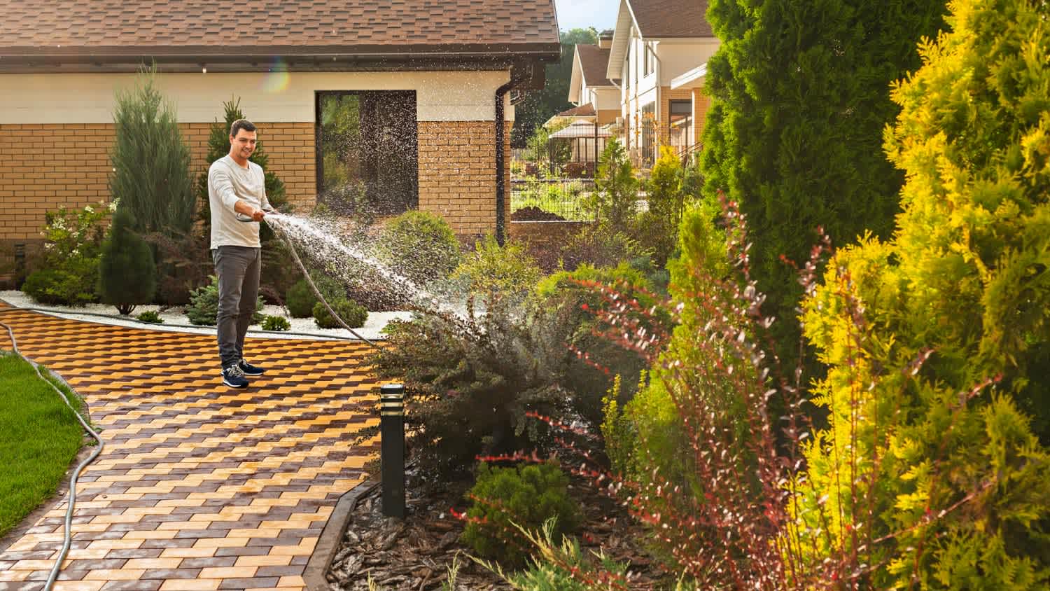 A man watering garden plants and trees