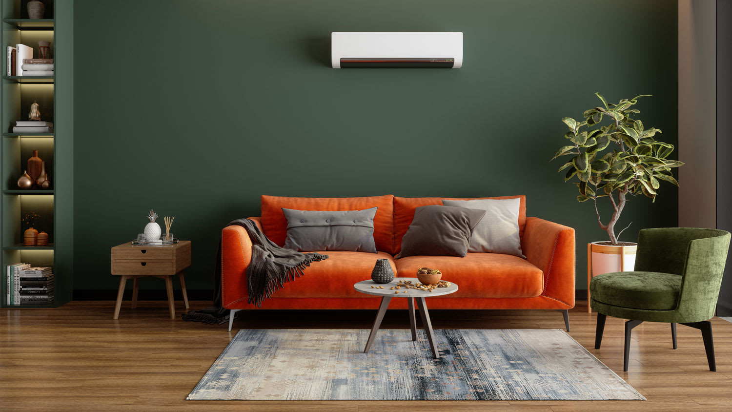 A dark green living room with an orange couch