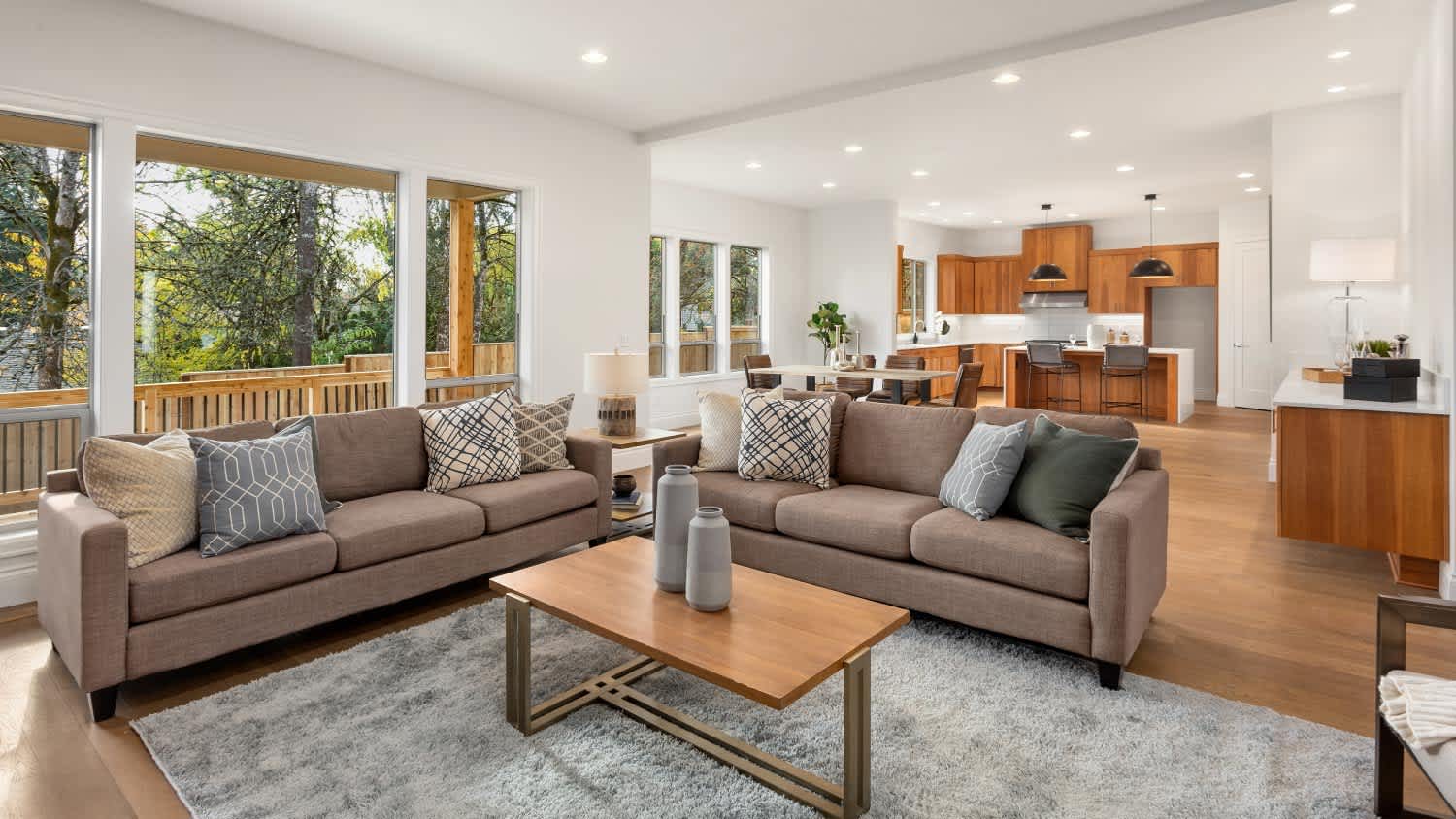 Living room and kitchen interior in new home