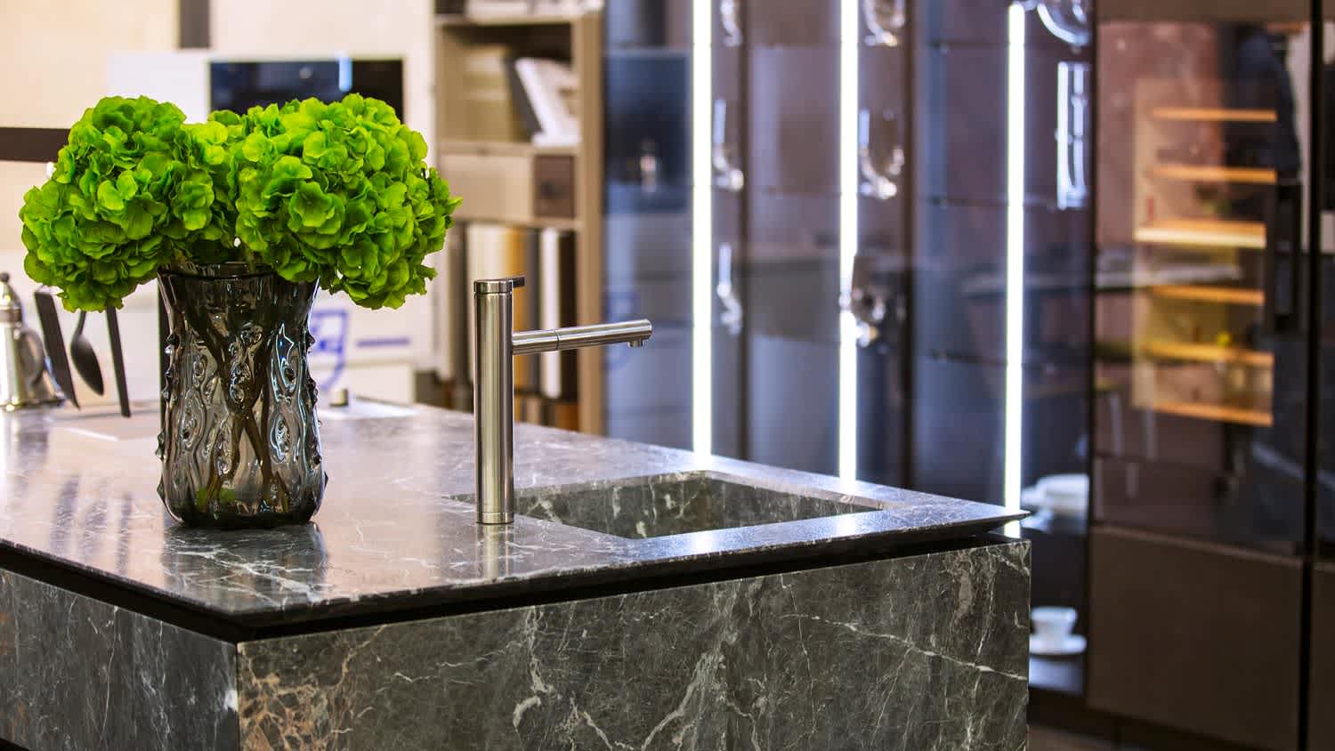 A close-up of a dark quartz countertop