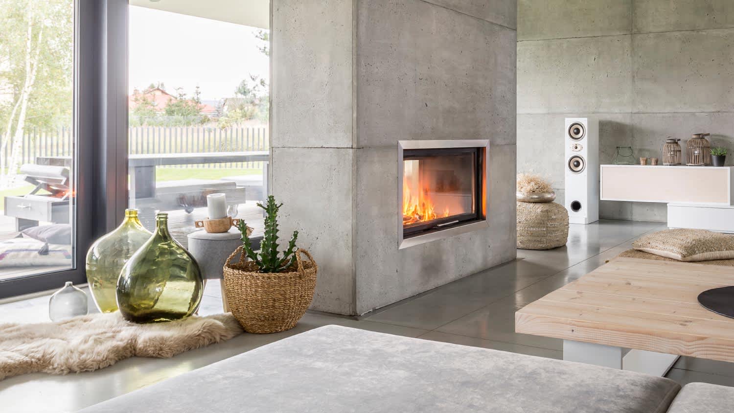 A modern concrete fireplace