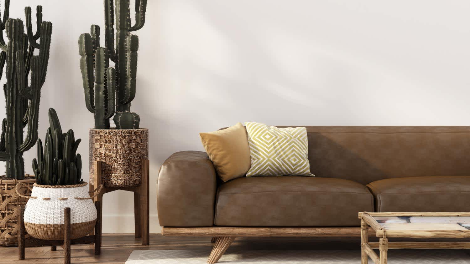 A boho style interior with leather sofa