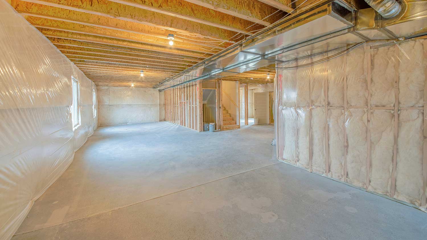 Large unfinished basement with wall insulation