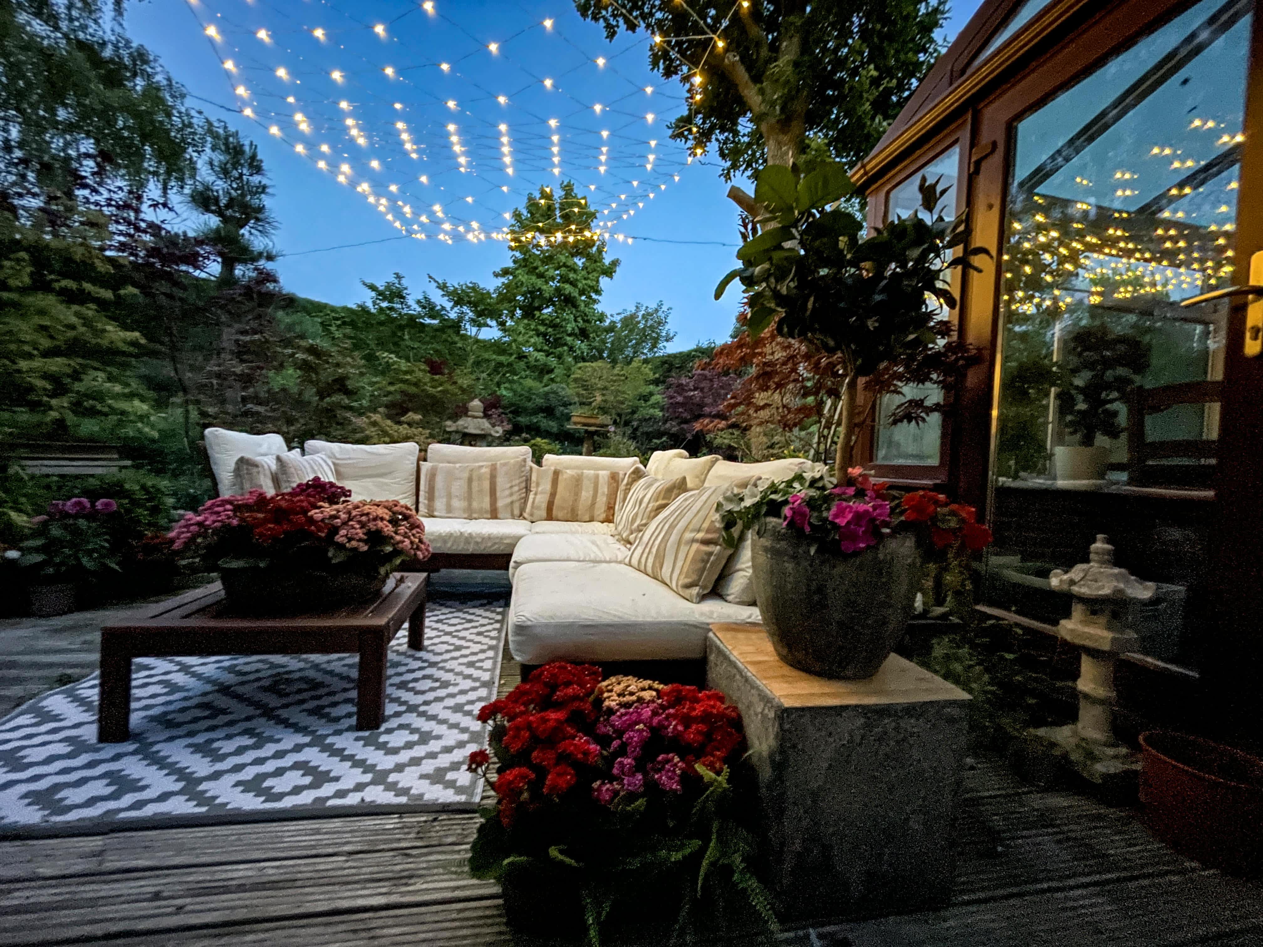 Fairy lights hung above deck