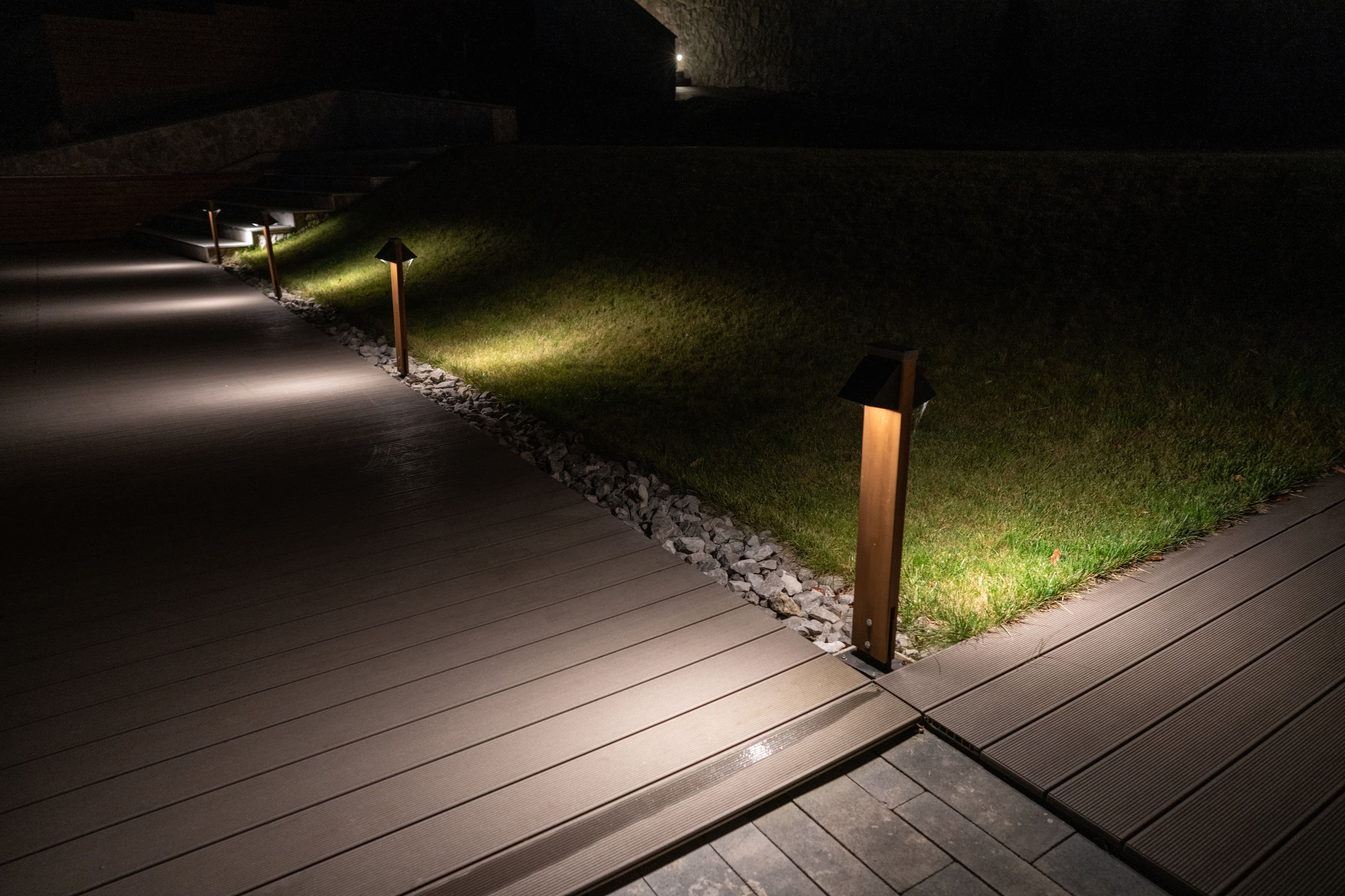 Solar-powered path lights on deck