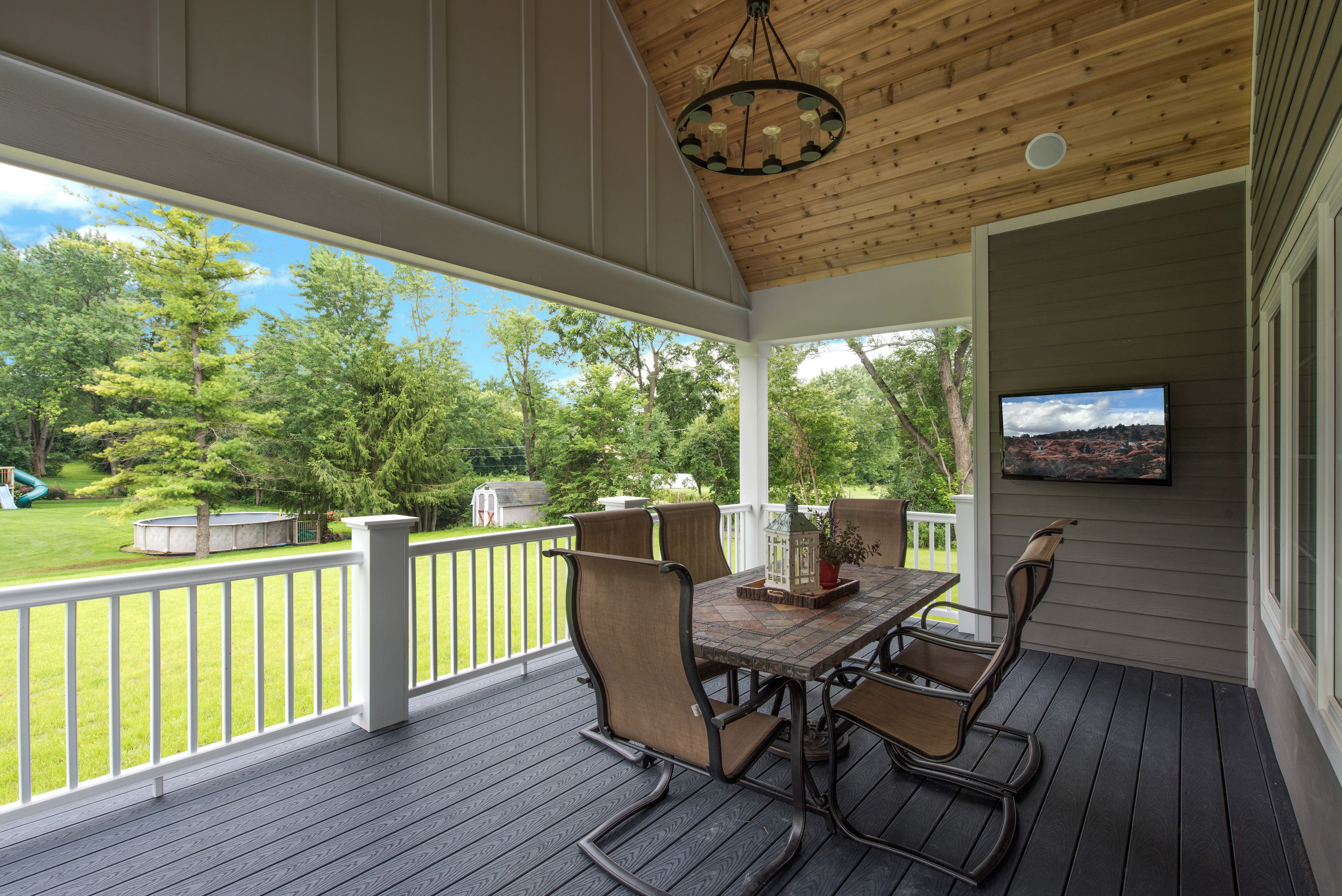 Outdoor chandelier in deck space