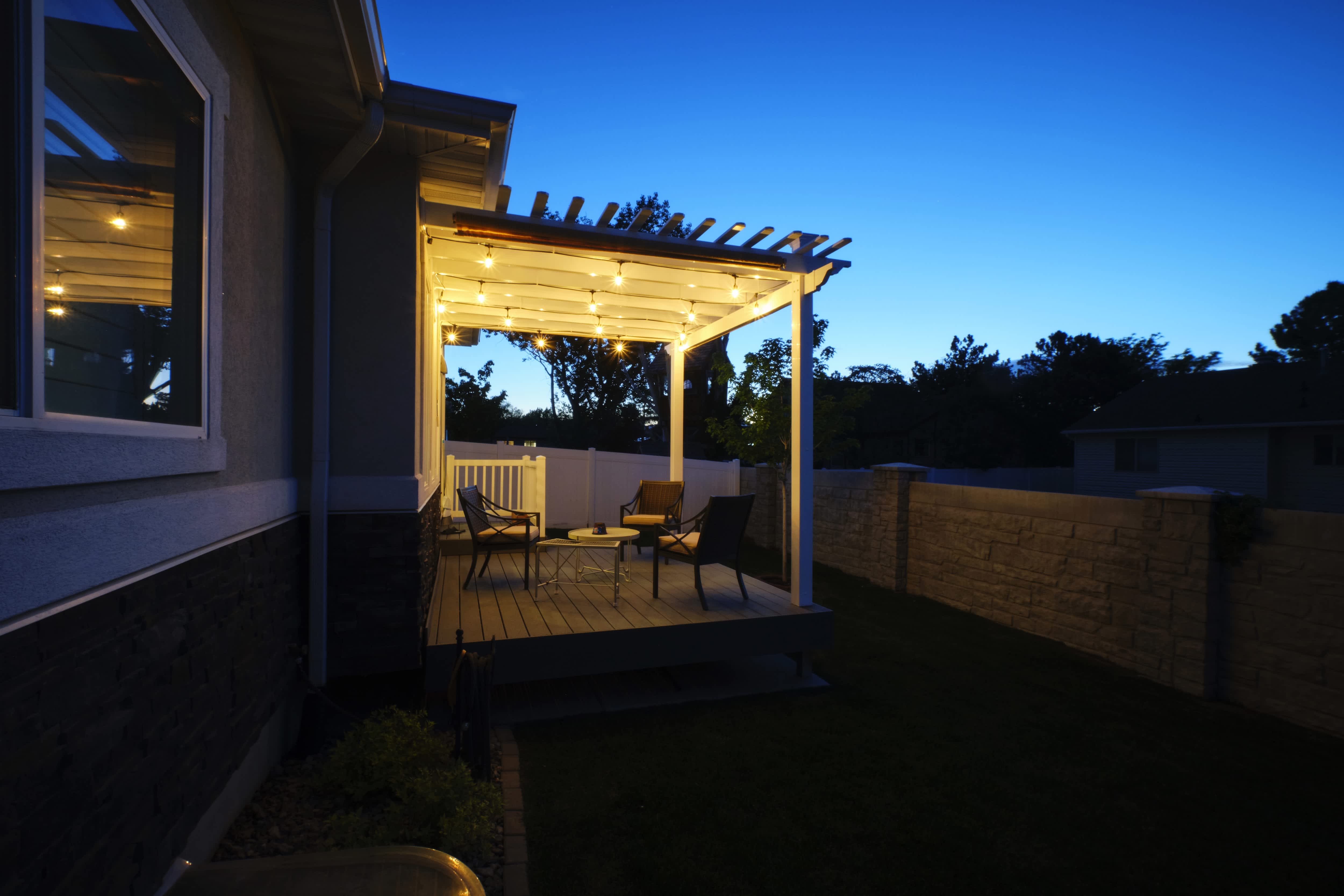 String lights hung on deck overhang