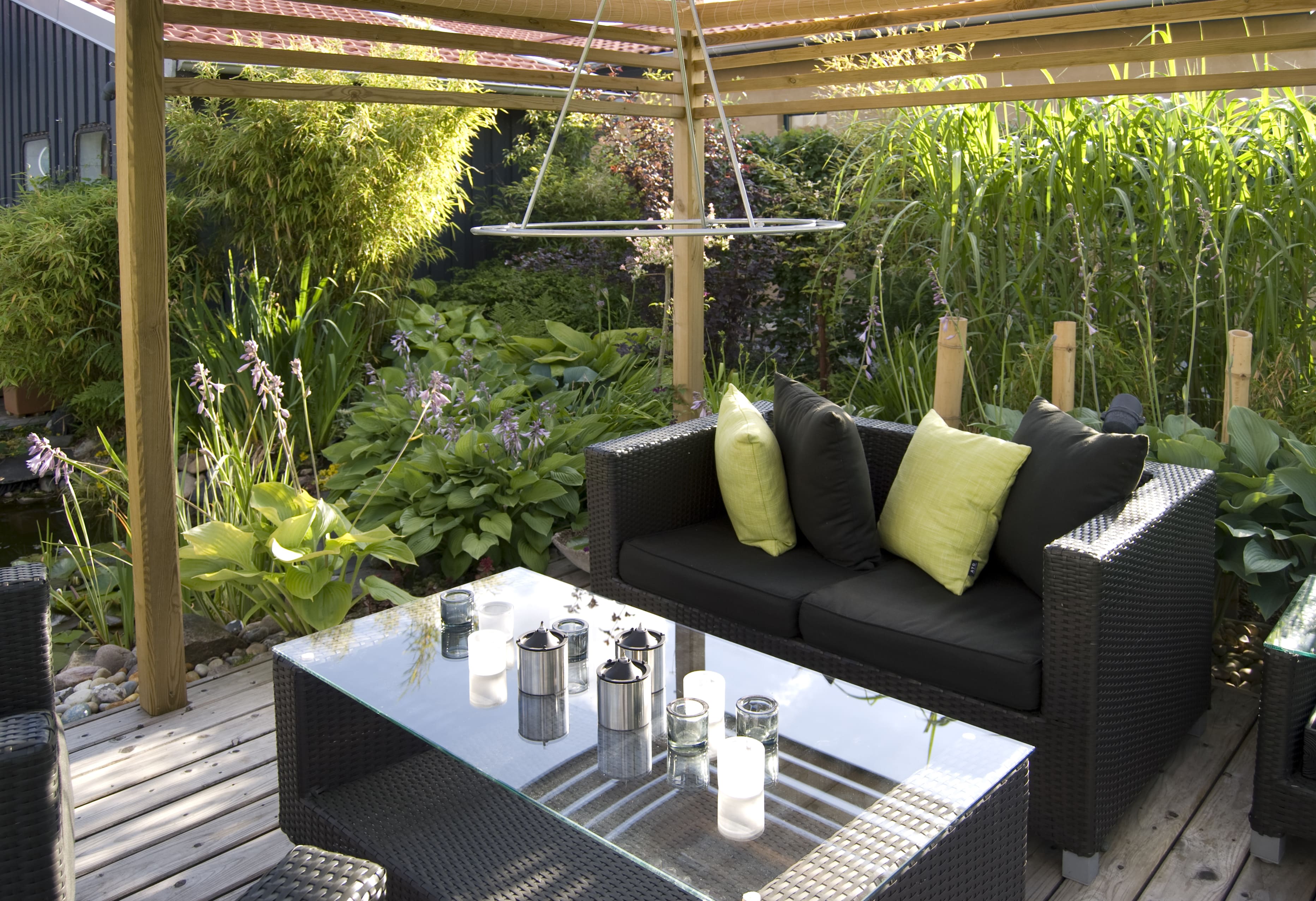 Outdoor hoop chandelier in deck space