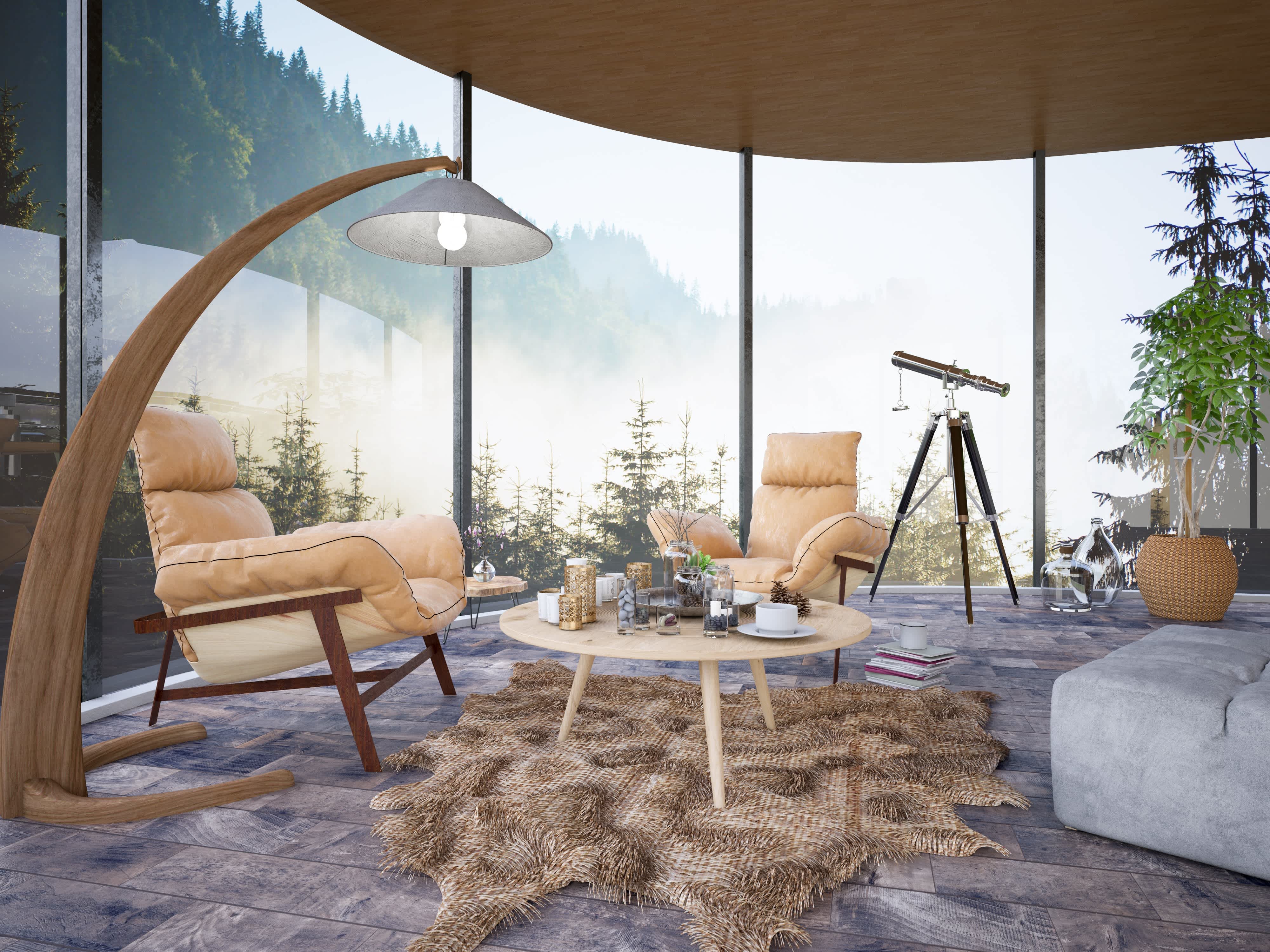 Circular room with floor-to-ceiling windows