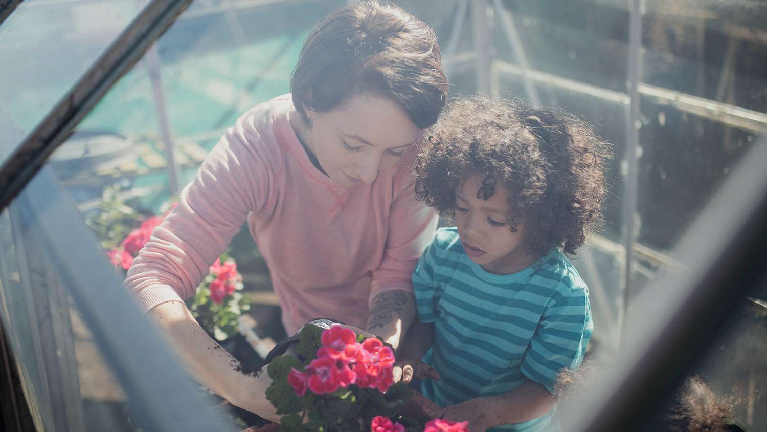 family tending to flowers in greenhouse
