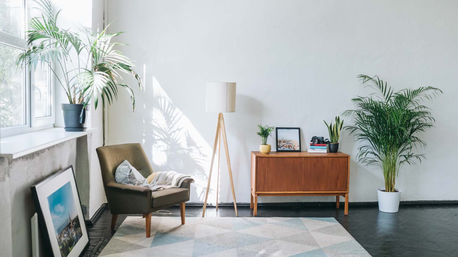 minimal living room with vaulted ceilings