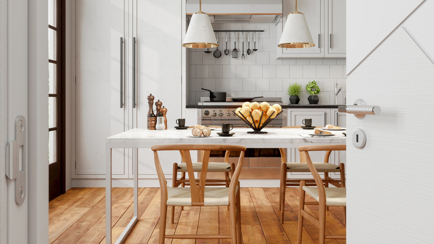 A modern kitchen interior with a marble table