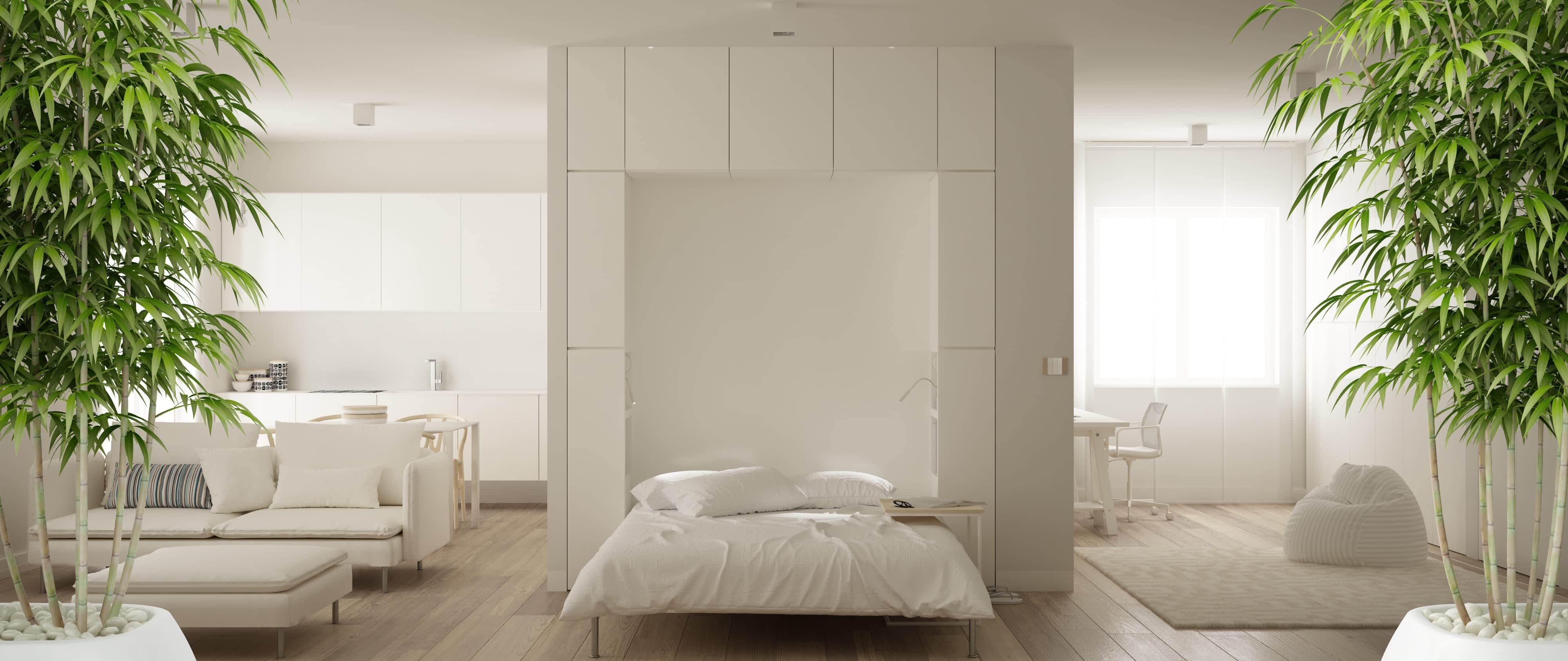 A studio apartment with a built-in Murphy bed