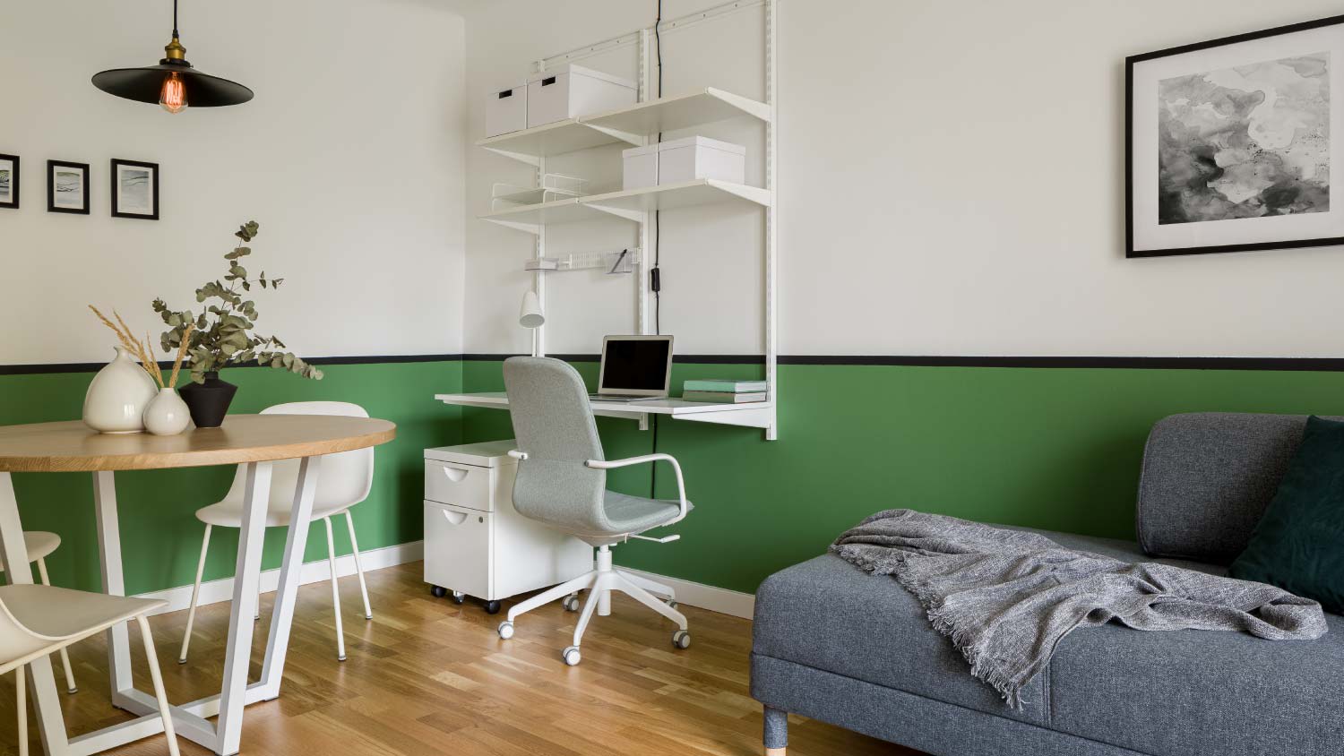 small living room with green walls