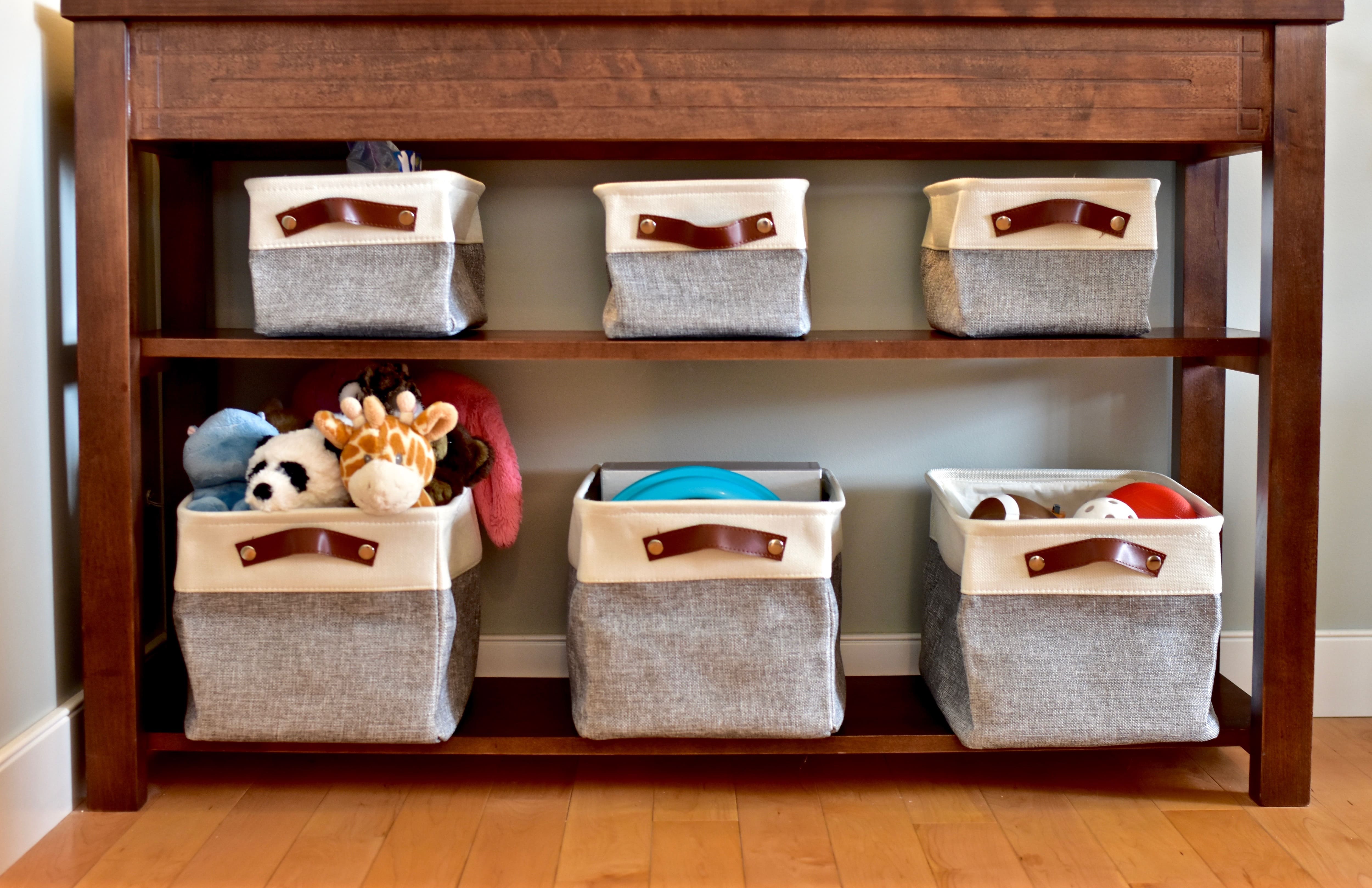Storage baskets on shelving unit