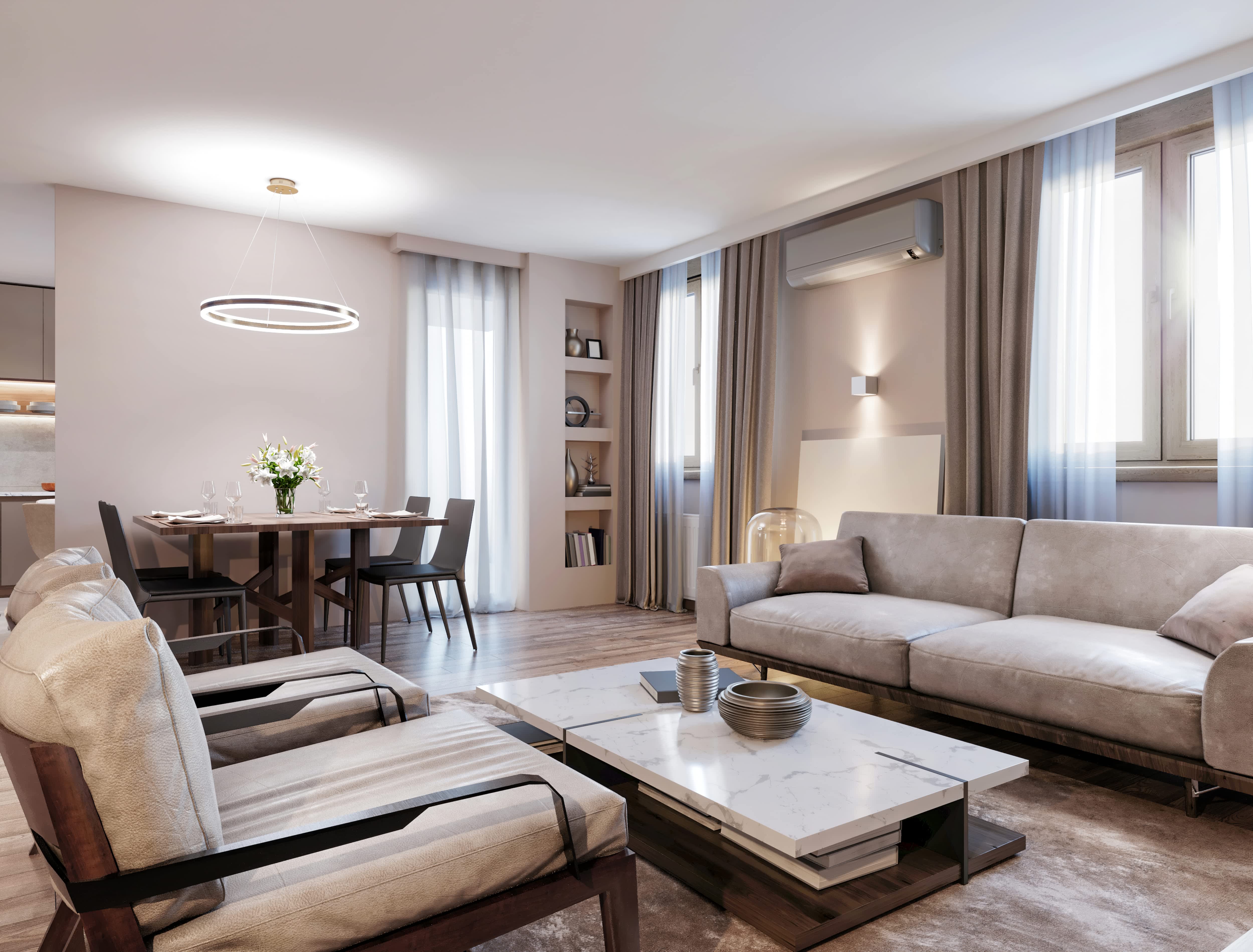 Studio apartment with bright lighting scheme